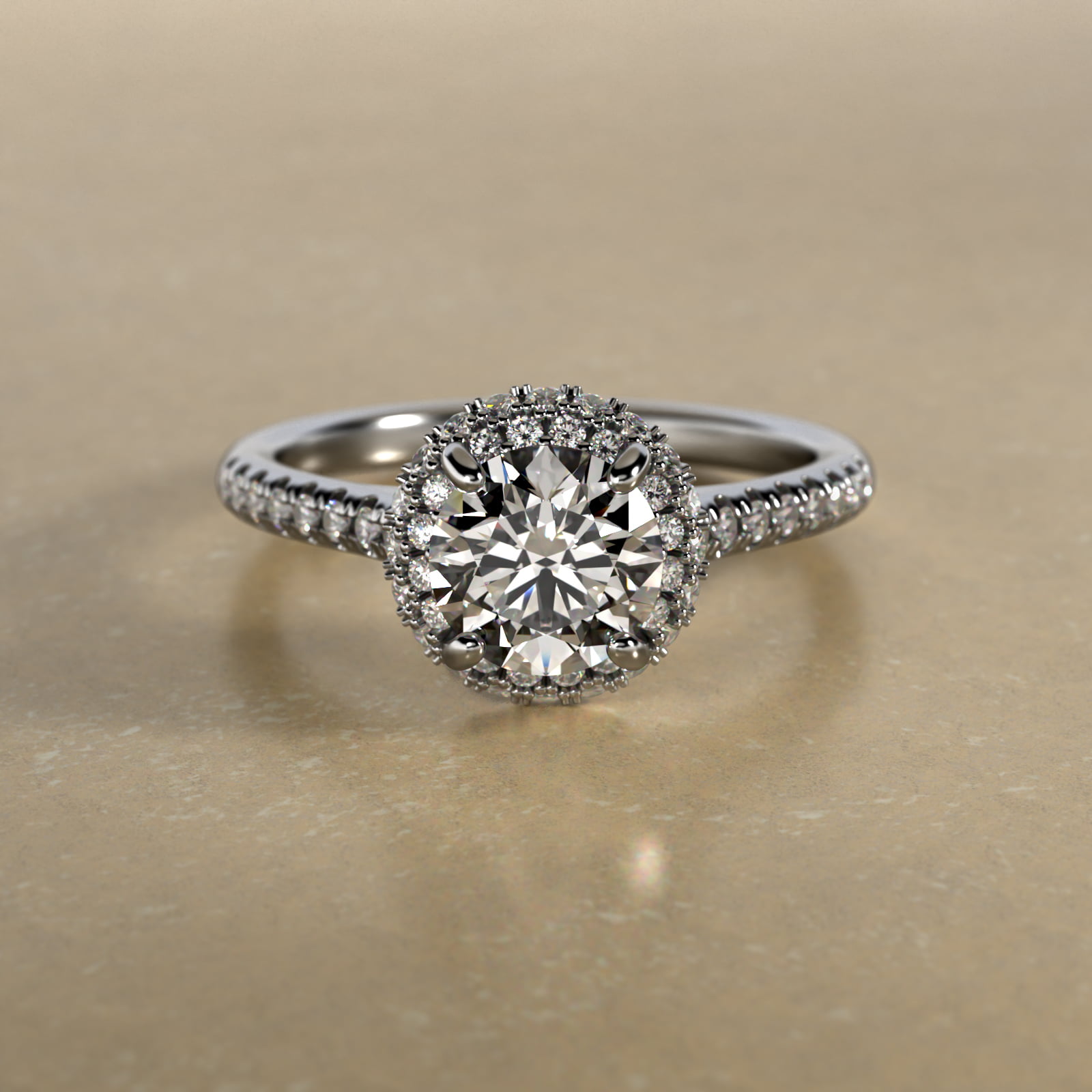 Falling Edge Pavé Diamond Halo Engagement Ring In 18K White Gold