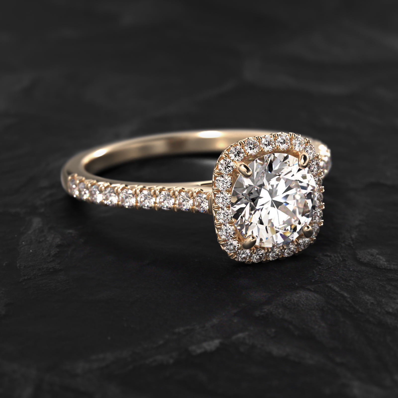 Cushion Outline Pavé Diamond Halo Engagement Ring In 14K Yellow Gold