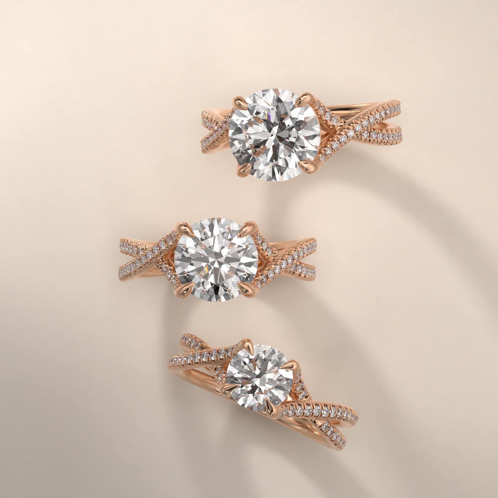 14K Rose Gold Twin Pavé Cross Over Diamond Engagement Ring