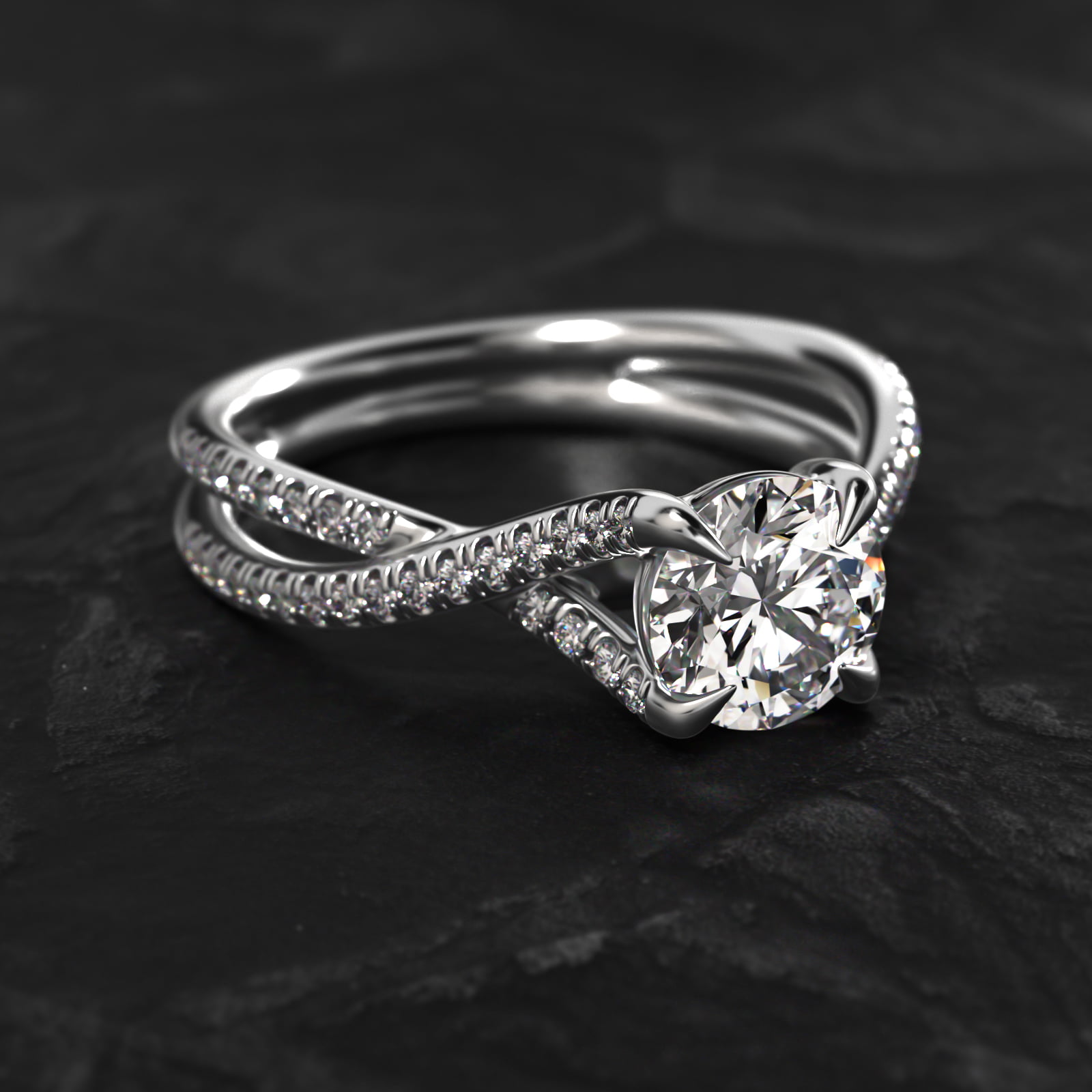 14K White Gold Twin Pavé Cross Over Diamond Engagement Ring