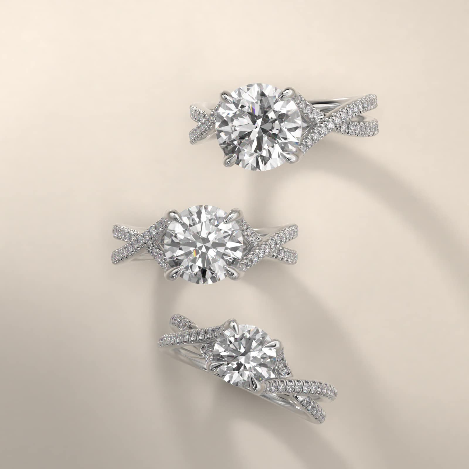 14K White Gold Twin Pavé Cross Over Diamond Engagement Ring