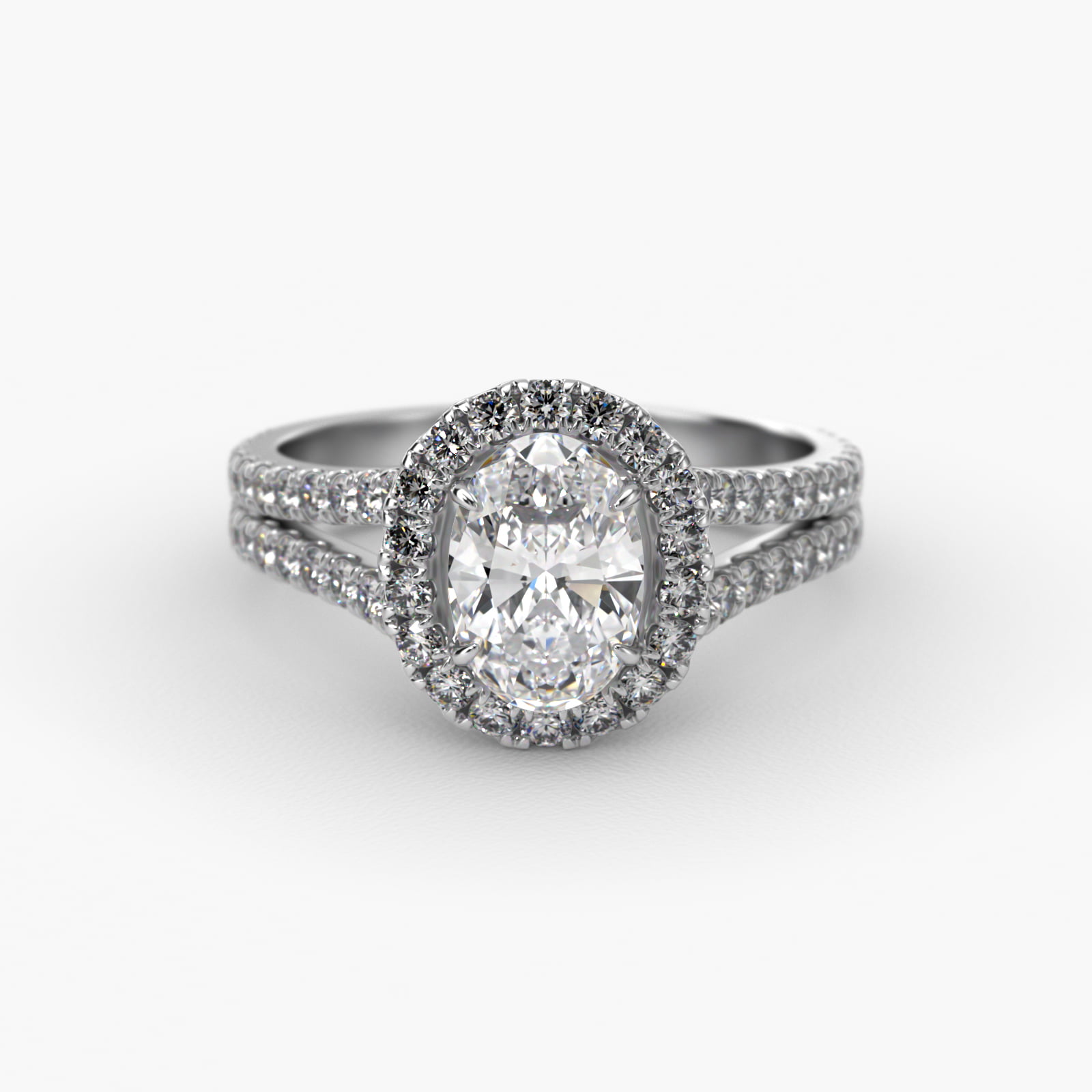 Round Split Band Diamond Halo Engagement Ring In 18K White Gold