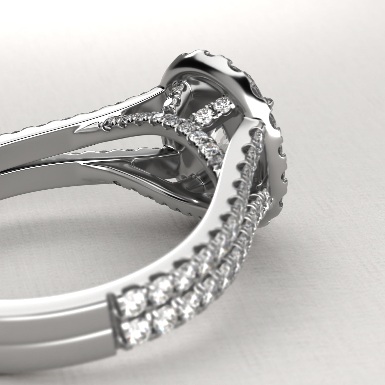 Round Split Band Diamond Halo Engagement Ring In 18K White Gold