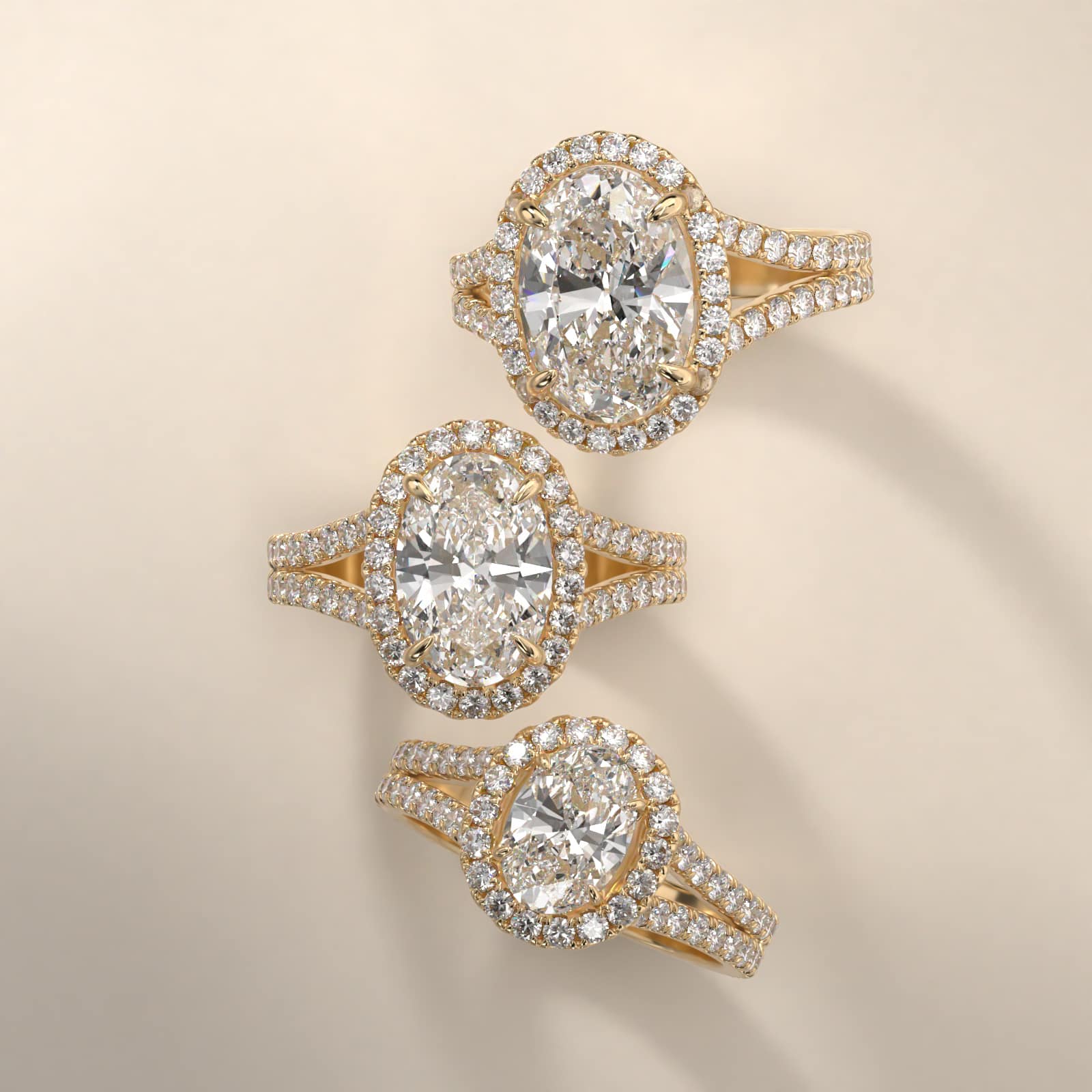 Round Split Band Diamond Halo Engagement Ring In 14K Yellow Gold