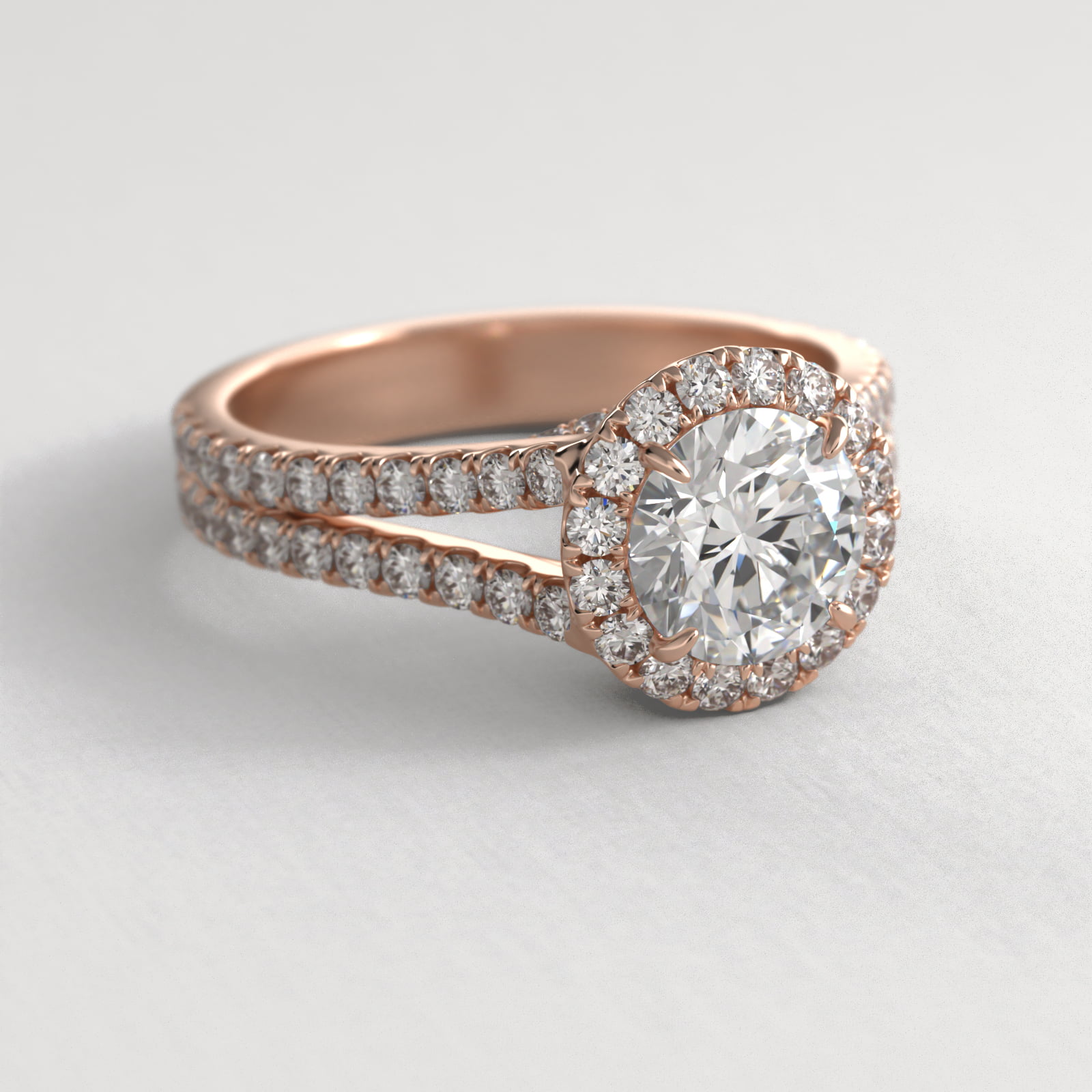 Round Split Band Diamond Halo Engagement Ring In 14K Rose Gold
