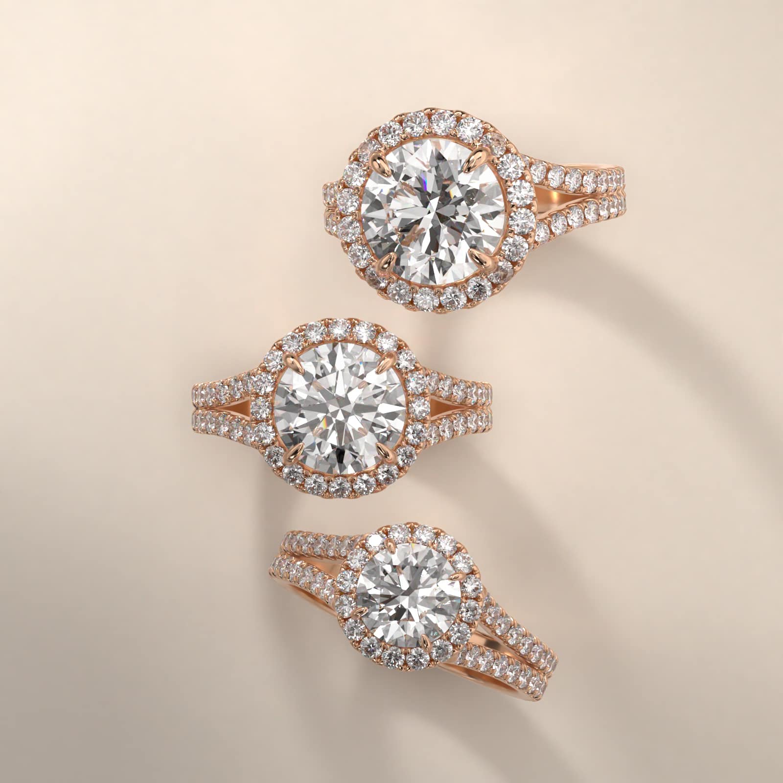 Round Split Band Diamond Halo Engagement Ring In 14K Rose Gold