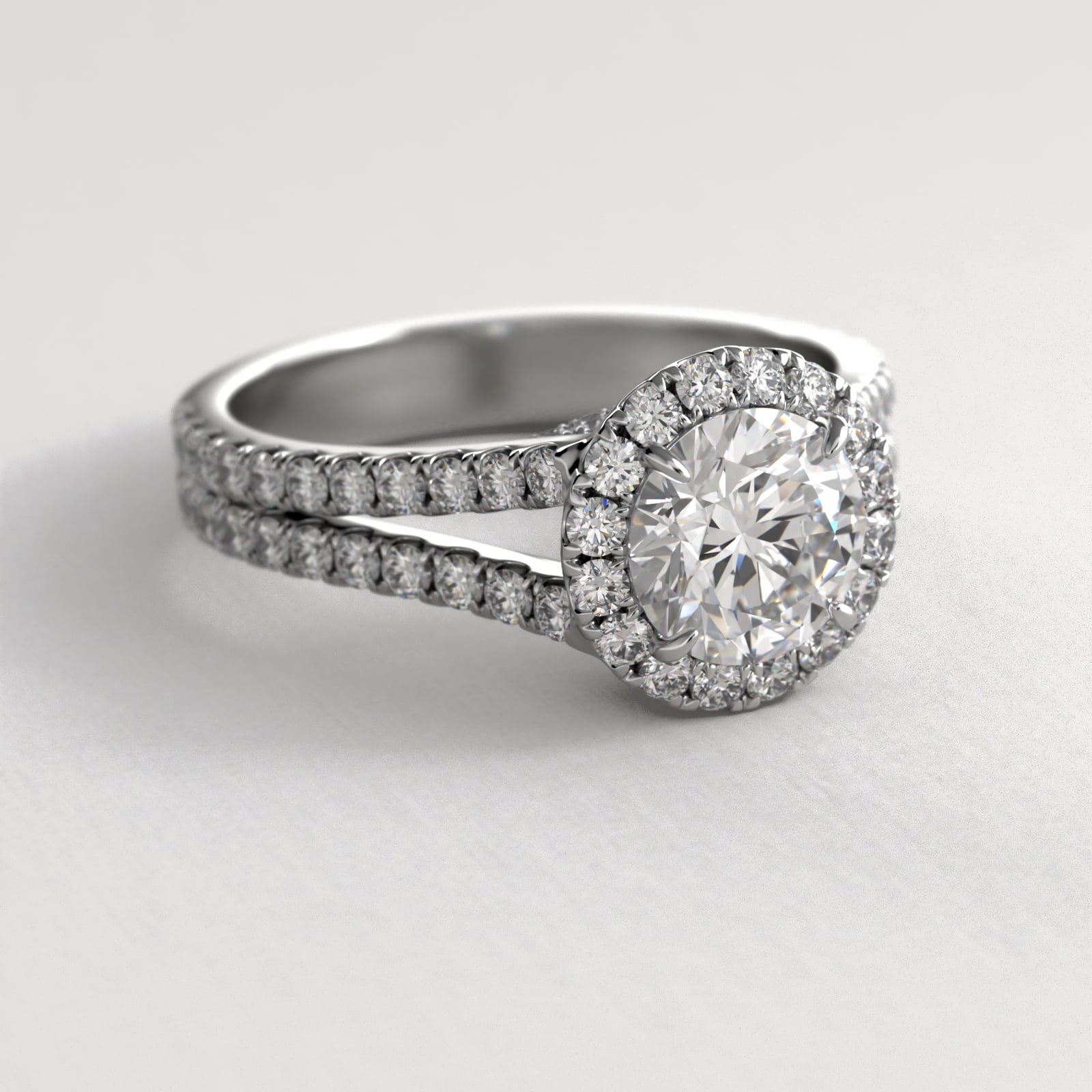 Round Split Band Diamond Halo Engagement Ring In Platinum