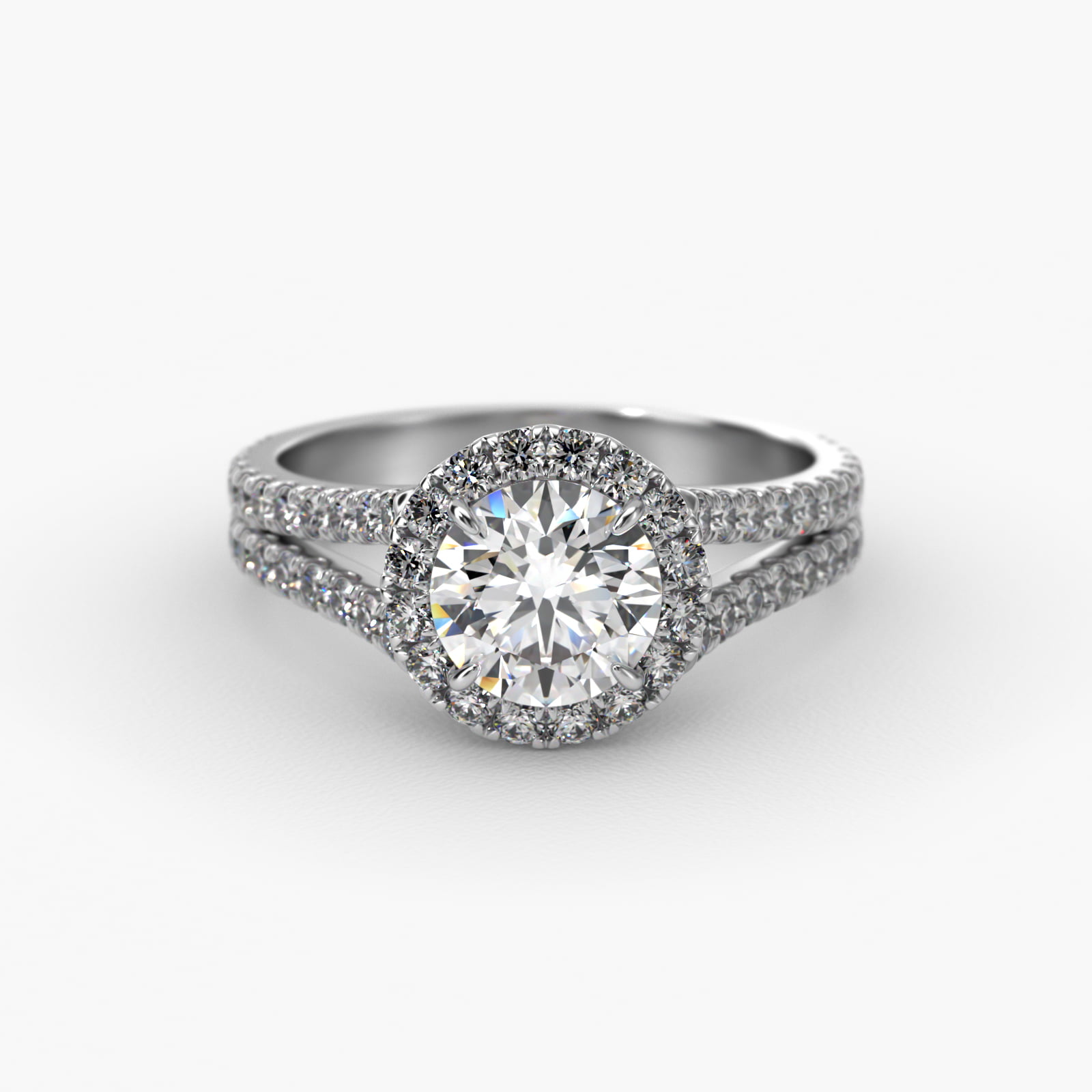 Round Split Band Diamond Halo Engagement Ring In 18K White Gold