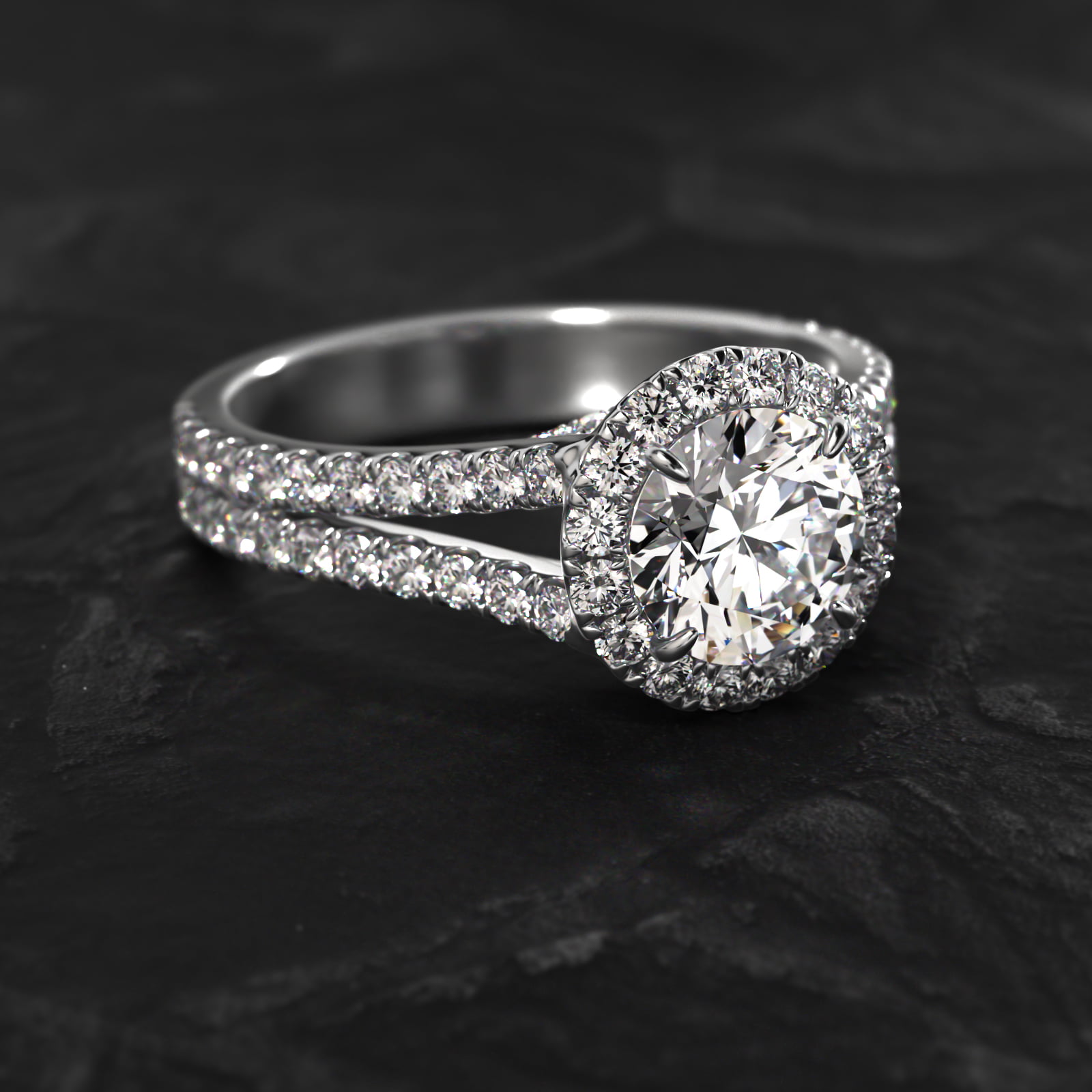 Round Split Band Diamond Halo Engagement Ring In 14K White Gold
