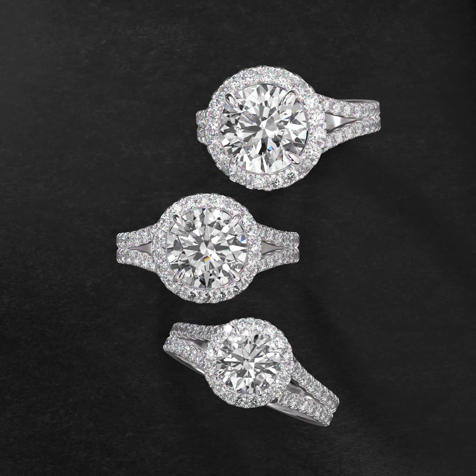 Round Split Band Diamond Halo Engagement Ring In Platinum