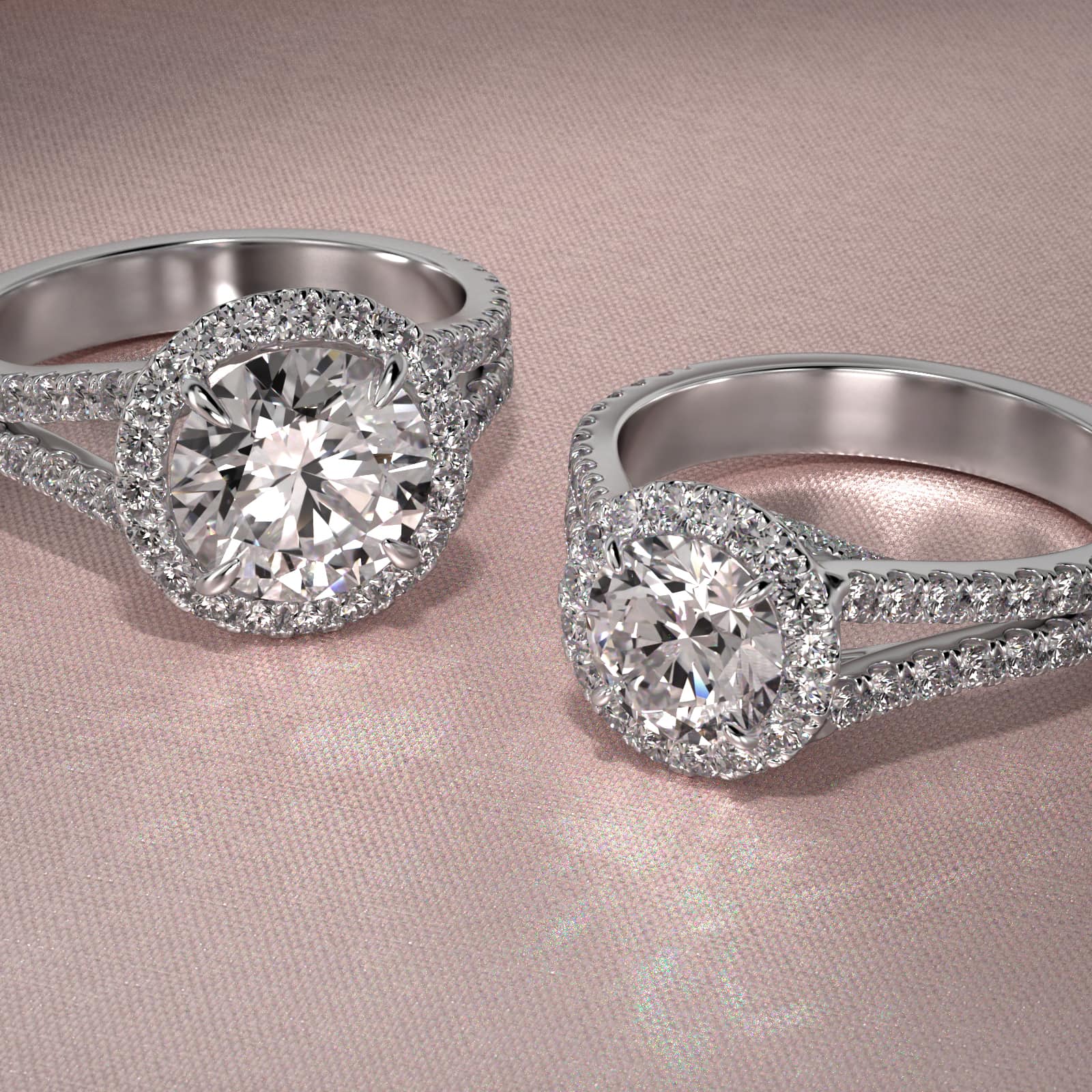 Round Split Band Diamond Halo Engagement Ring In 14K White Gold