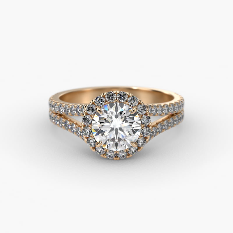 Round Split Band Diamond Halo Engagement Ring In 14K Yellow Gold