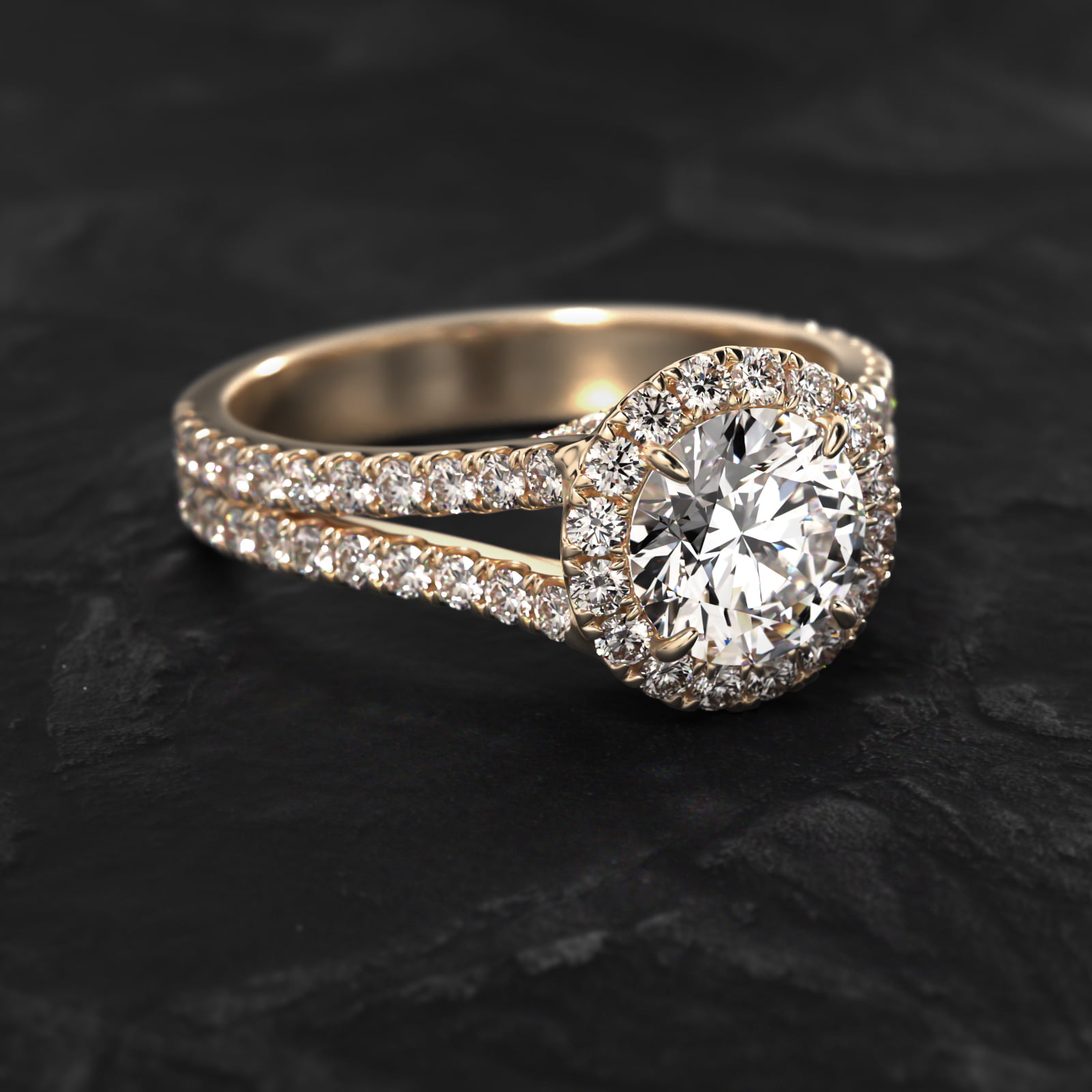 Round Split Band Diamond Halo Engagement Ring In 14K Yellow Gold