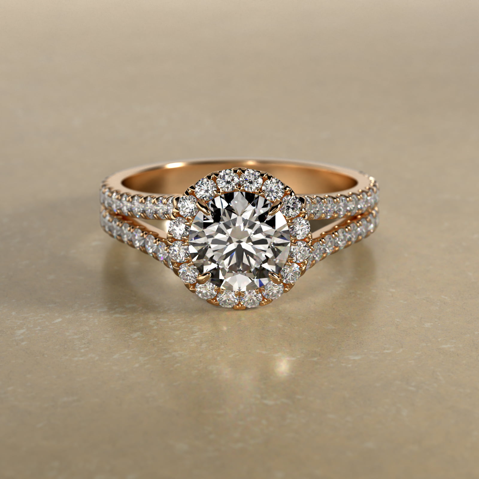 Round Split Band Diamond Halo Engagement Ring In 18K Yellow Gold