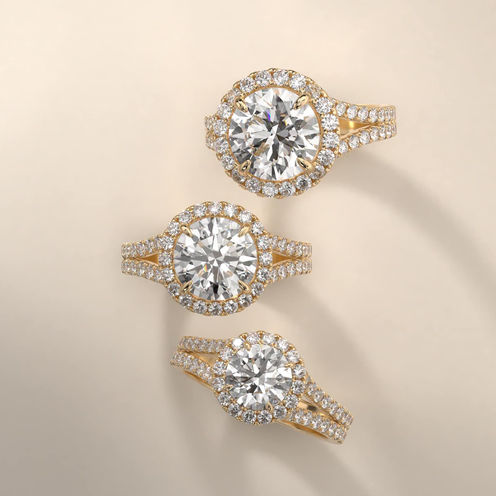 Round Split Band Diamond Halo Engagement Ring In 14K Yellow Gold