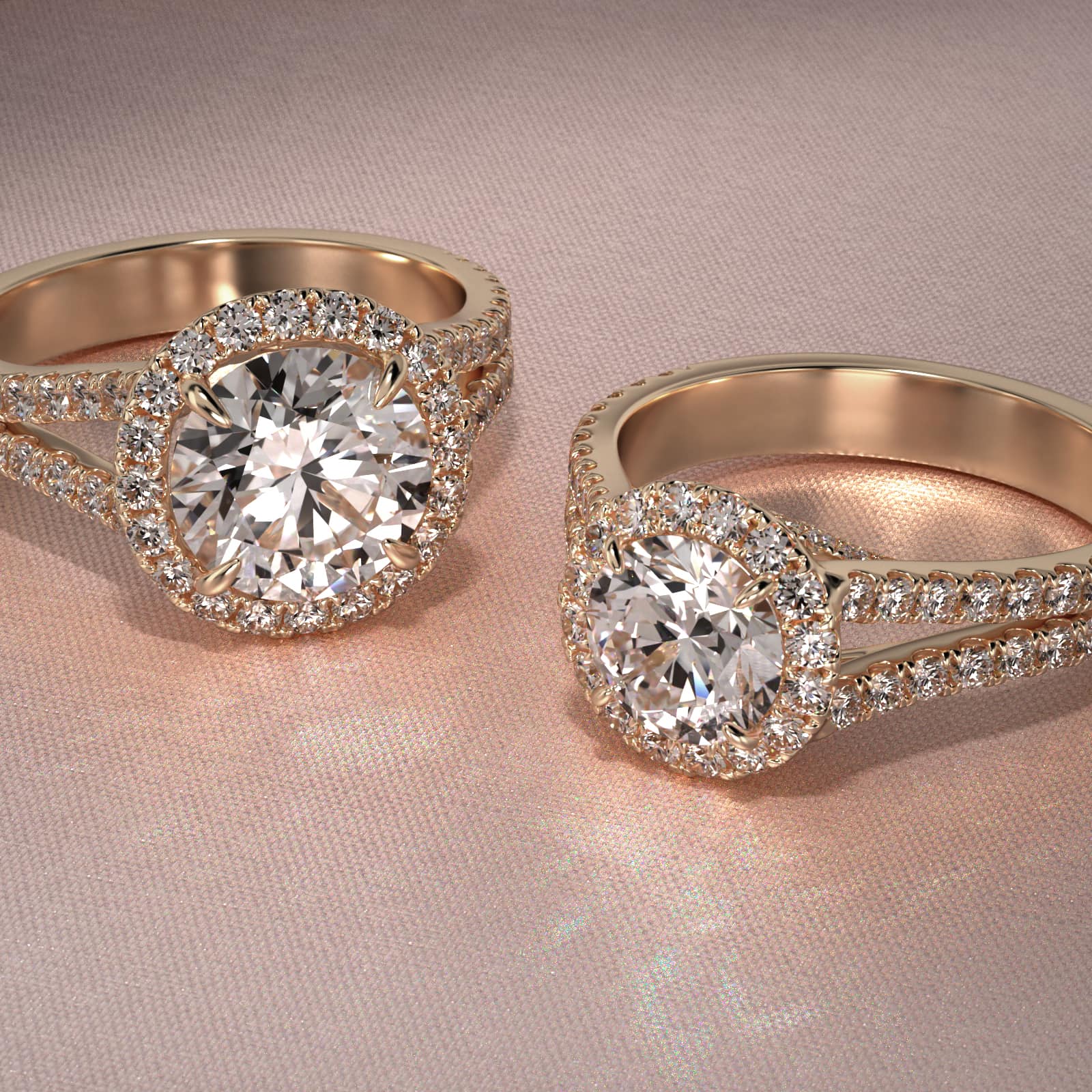 Round Split Band Diamond Halo Engagement Ring In 18K Yellow Gold