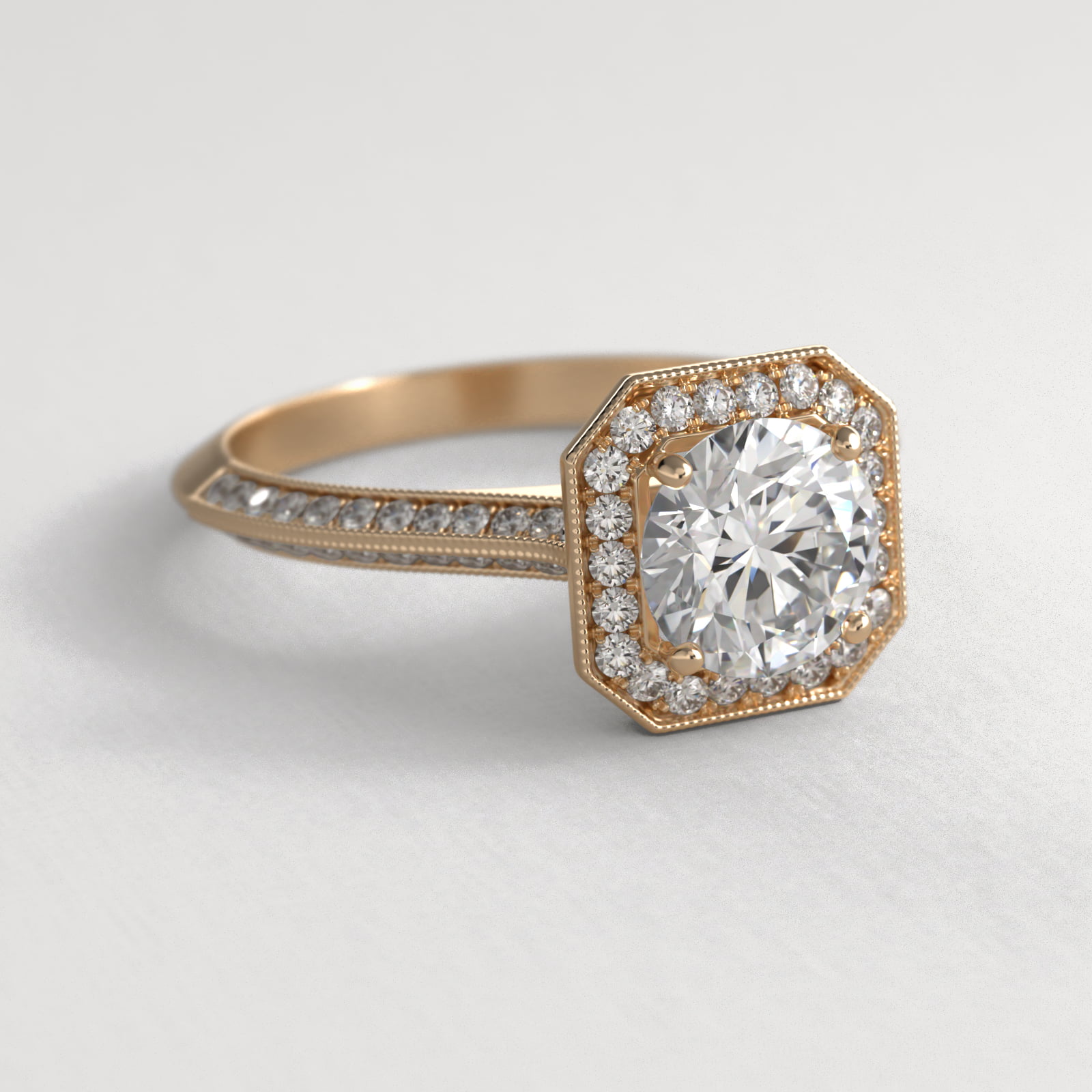 14K Yellow Gold Octagon Halo Diamond Engagement Ring