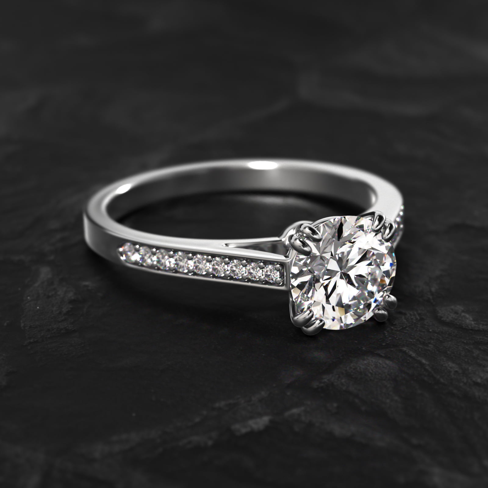 Double Claw Prong Pavé Set Diamond Engagement Ring In 18K White Gold