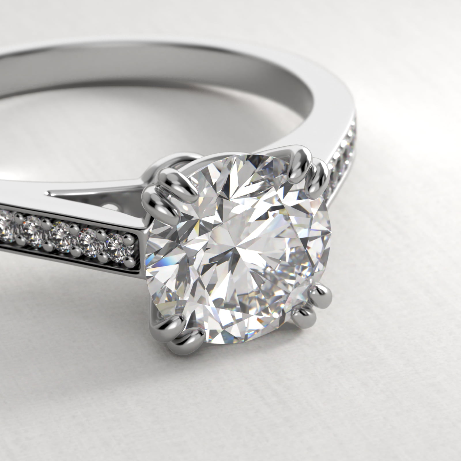 Double Claw Prong Pavé Set Diamond Engagement Ring In 14K White Gold