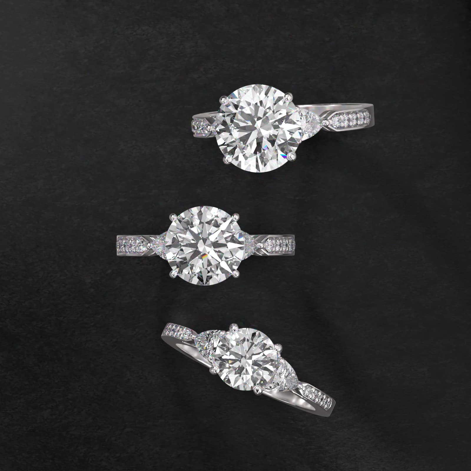 Trillion Cut Diamond Three Stone Engagement Ring With Pavé Set Diamonds In 14K White Gold