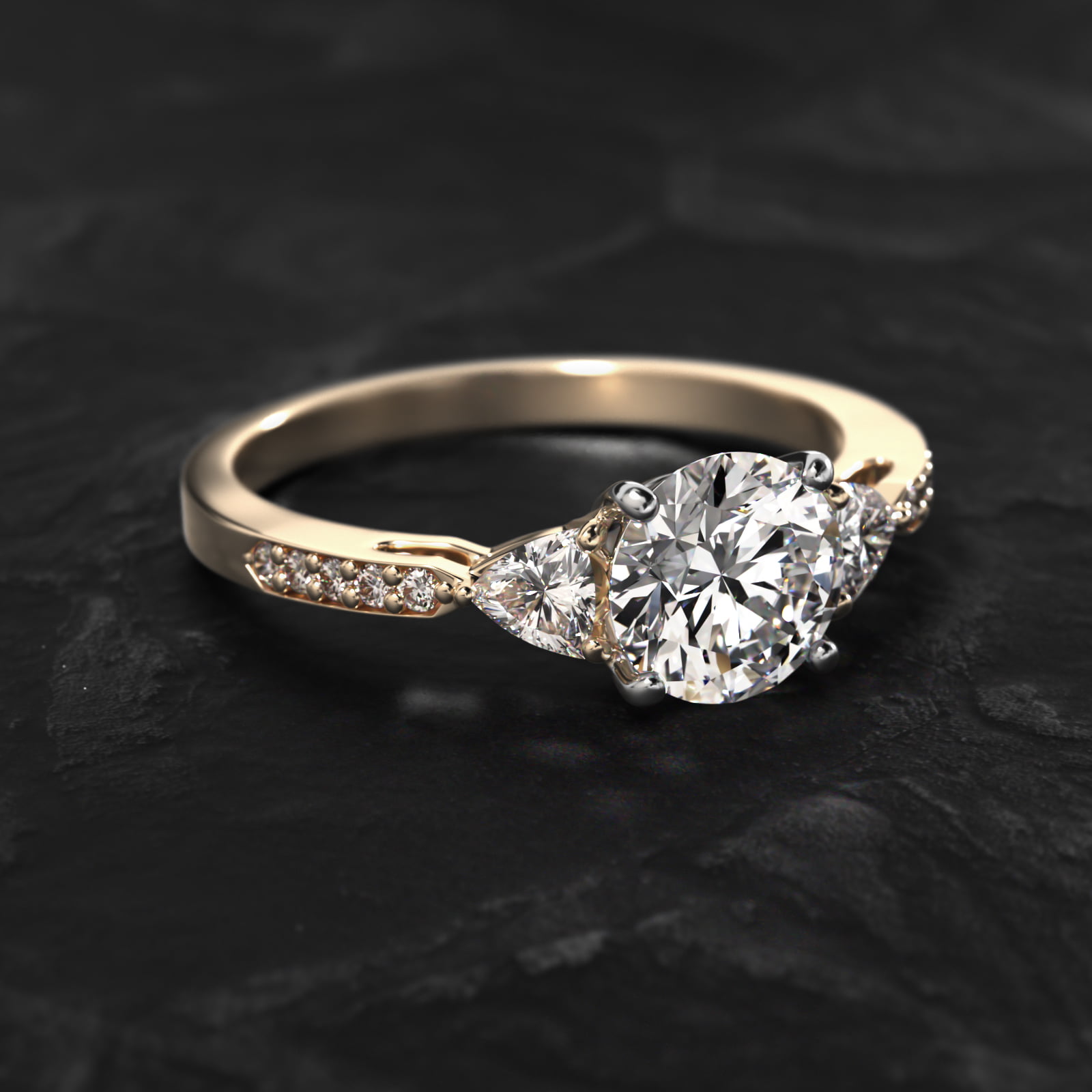 Trillion Cut Diamond Three Stone Engagement Ring With Pavé Set Diamonds In 18K Yellow Gold