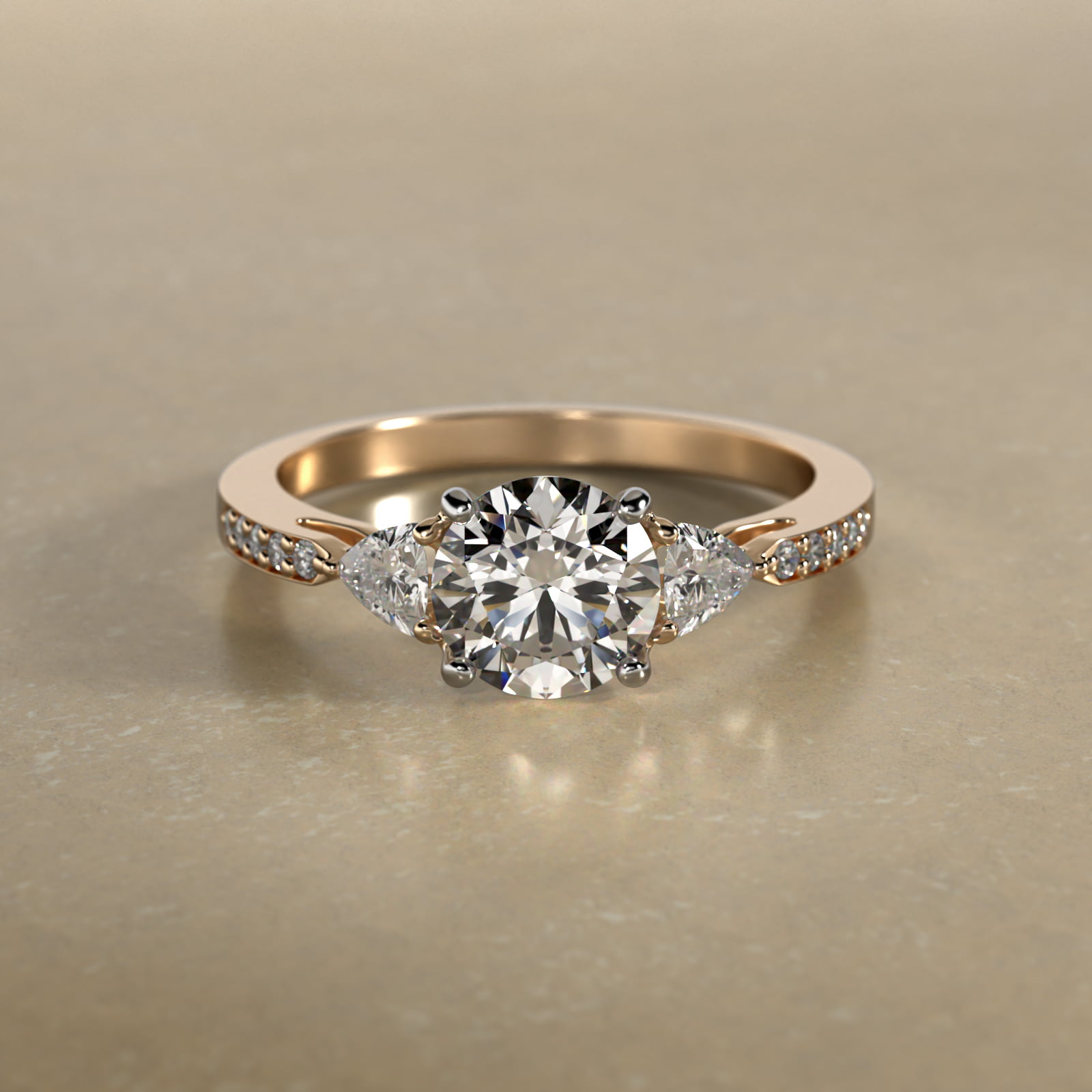Trillion Cut Diamond Three Stone Engagement Ring With Pavé Set Diamonds In 14K Yellow Gold
