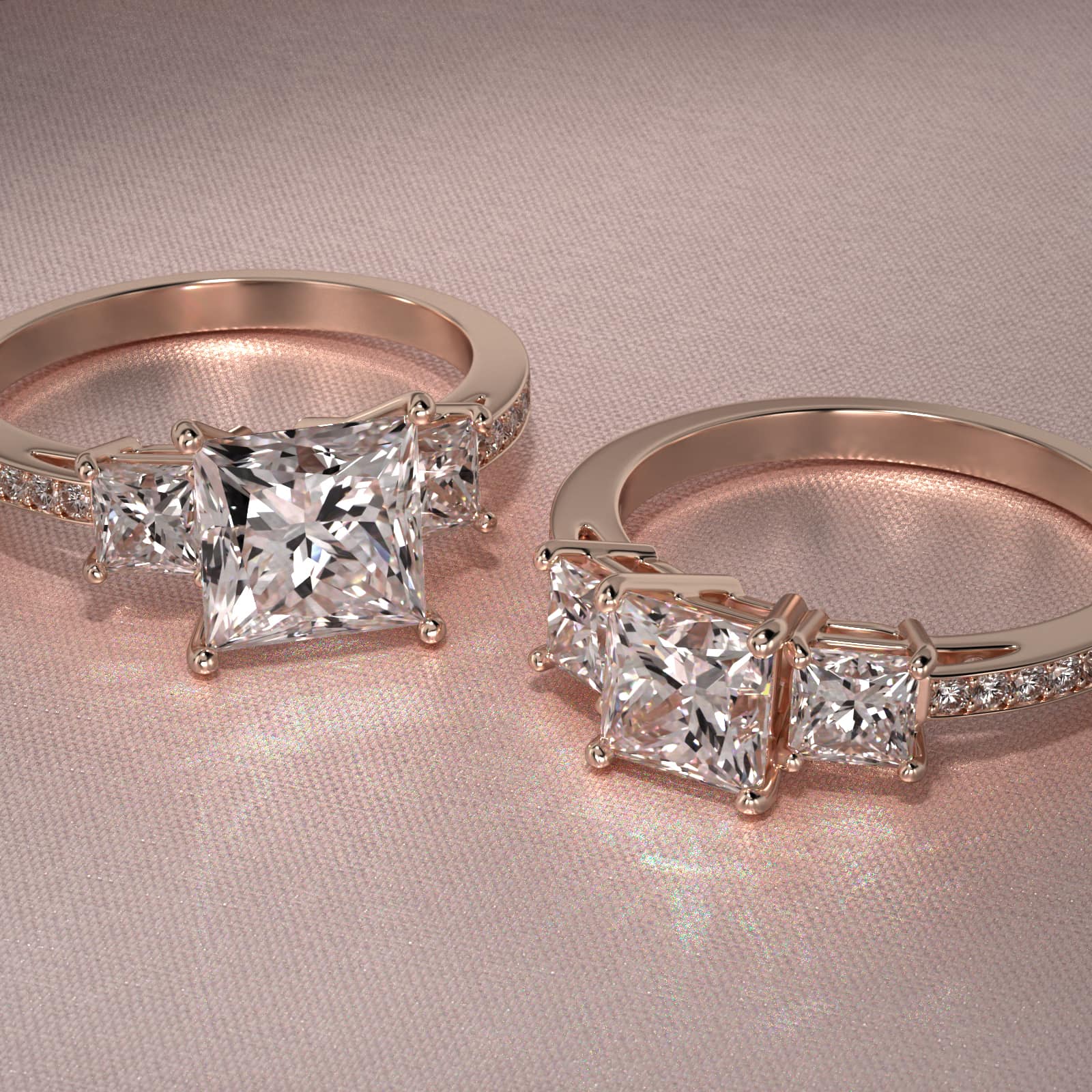 Princess Cut Diamond Three Stone Engagement Ring With Pavé Set Diamonds In 14K Rose Gold