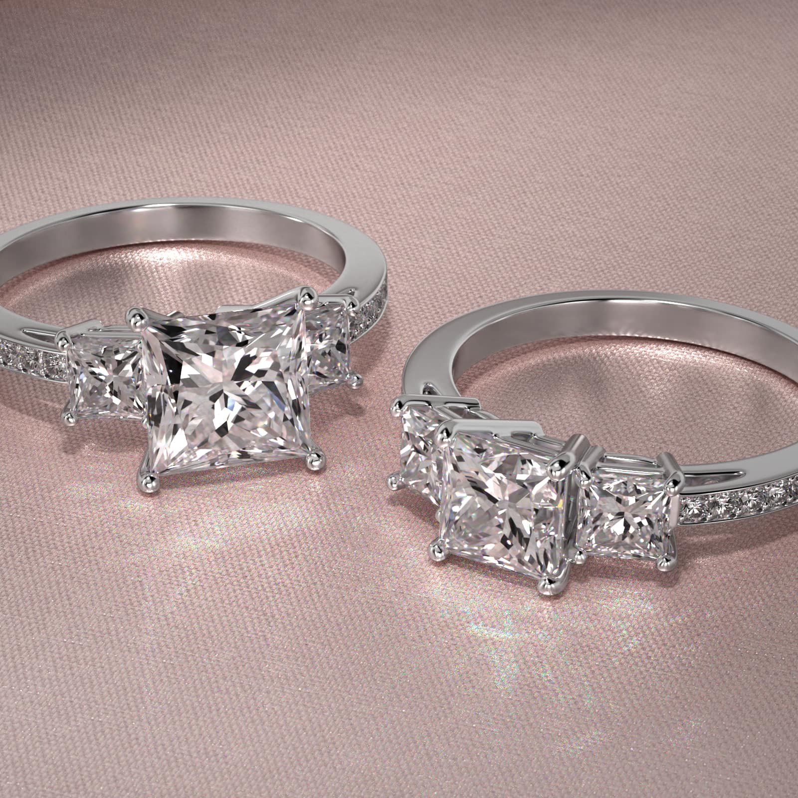 Princess Cut Diamond Three Stone Engagement Ring With Pavé Set Diamonds In 14K White Gold