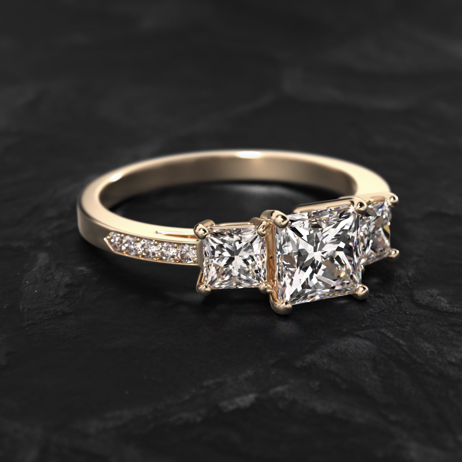 Princess Cut Diamond Three Stone Engagement Ring With Pavé Set Diamonds In 14K Yellow Gold
