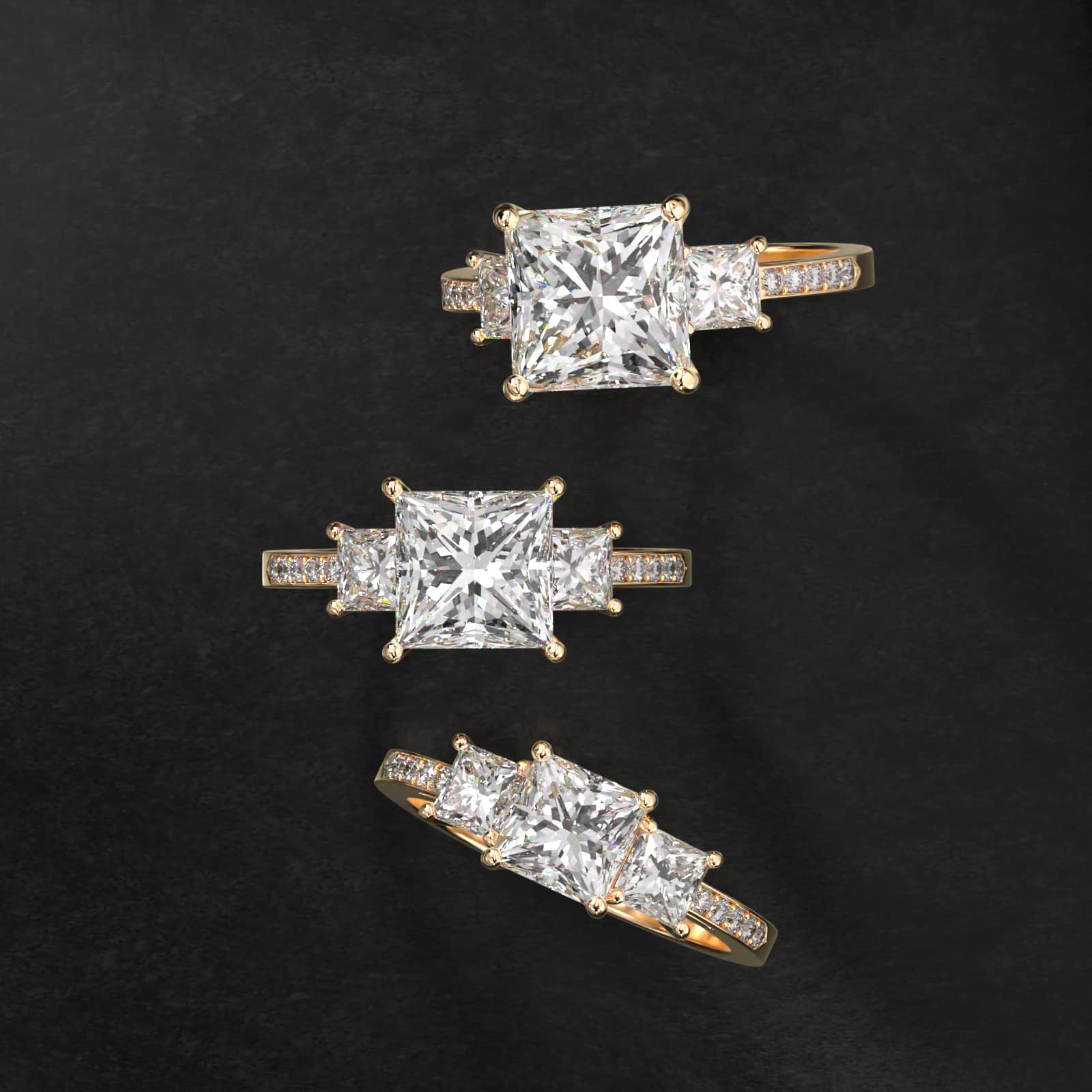 Princess Cut Diamond Three Stone Engagement Ring With Pavé Set Diamonds In 14K Yellow Gold