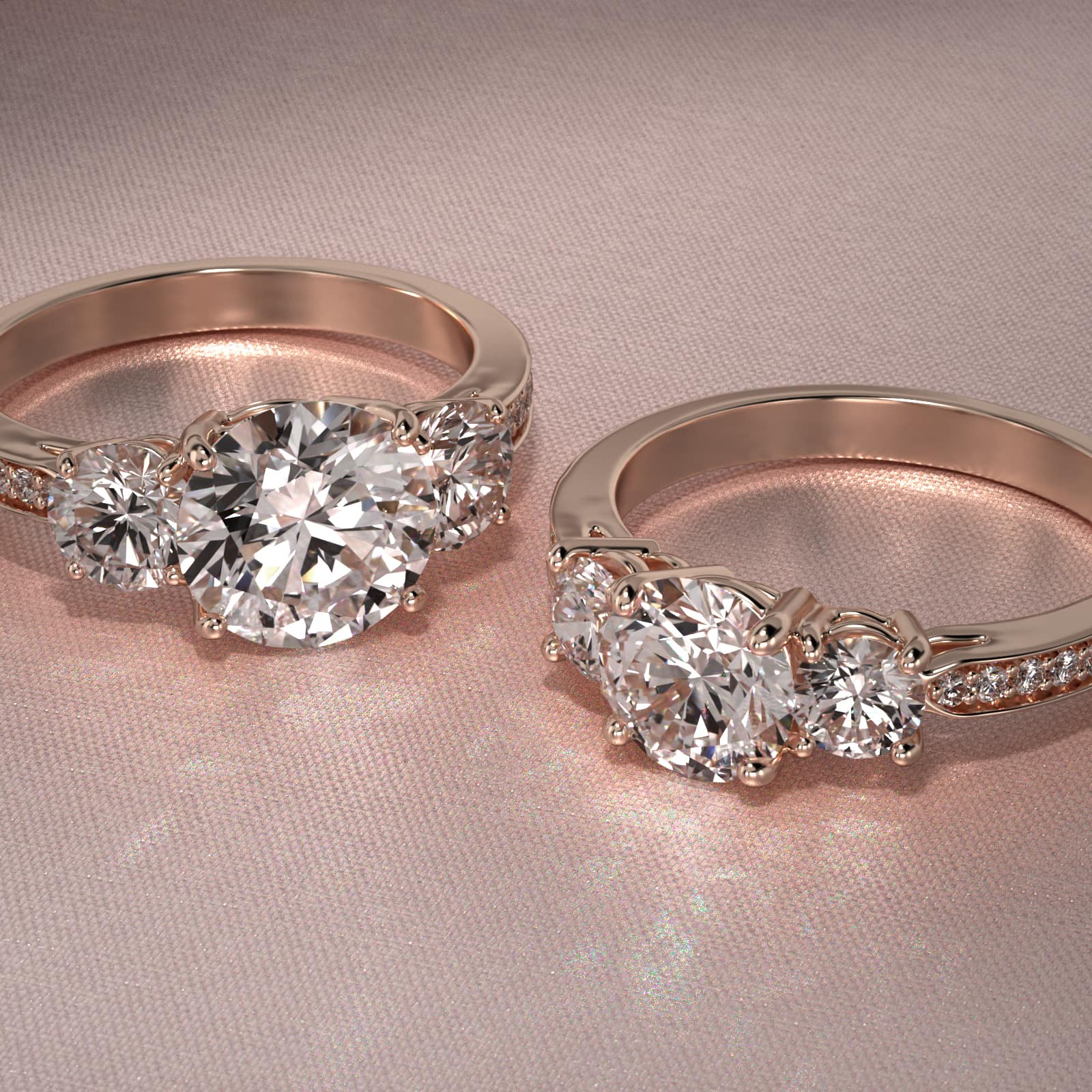 Round Diamond Three Stone Engagement Ring With Pavé Set Diamonds In 14K Rose Gold