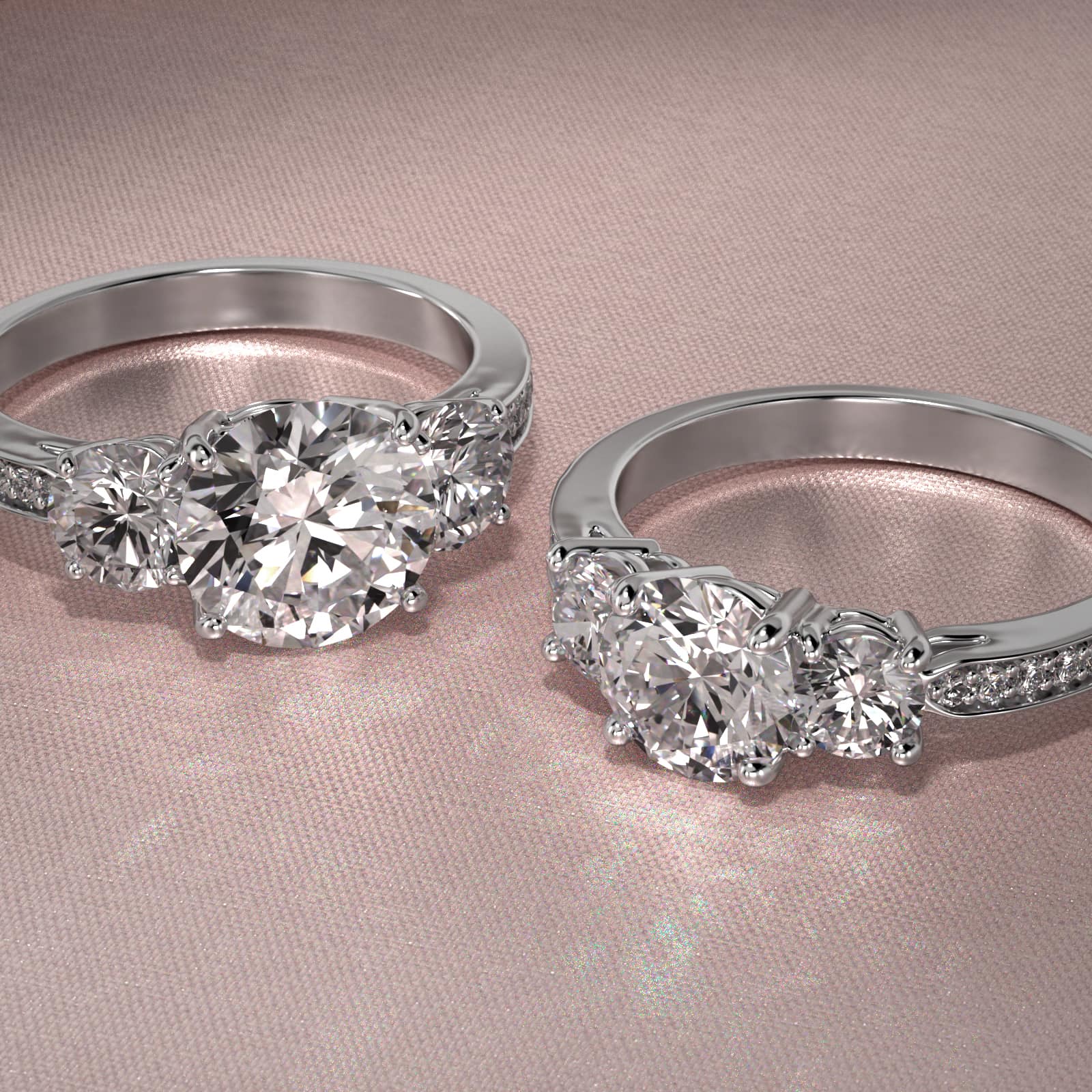 Round Diamond Three Stone Engagement Ring With Pavé Set Diamonds In 14K White Gold