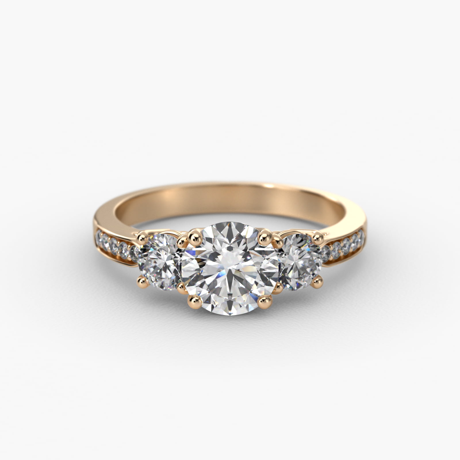 Round Diamond Three Stone Engagement Ring With Pavé Set Diamonds In 14K Yellow Gold