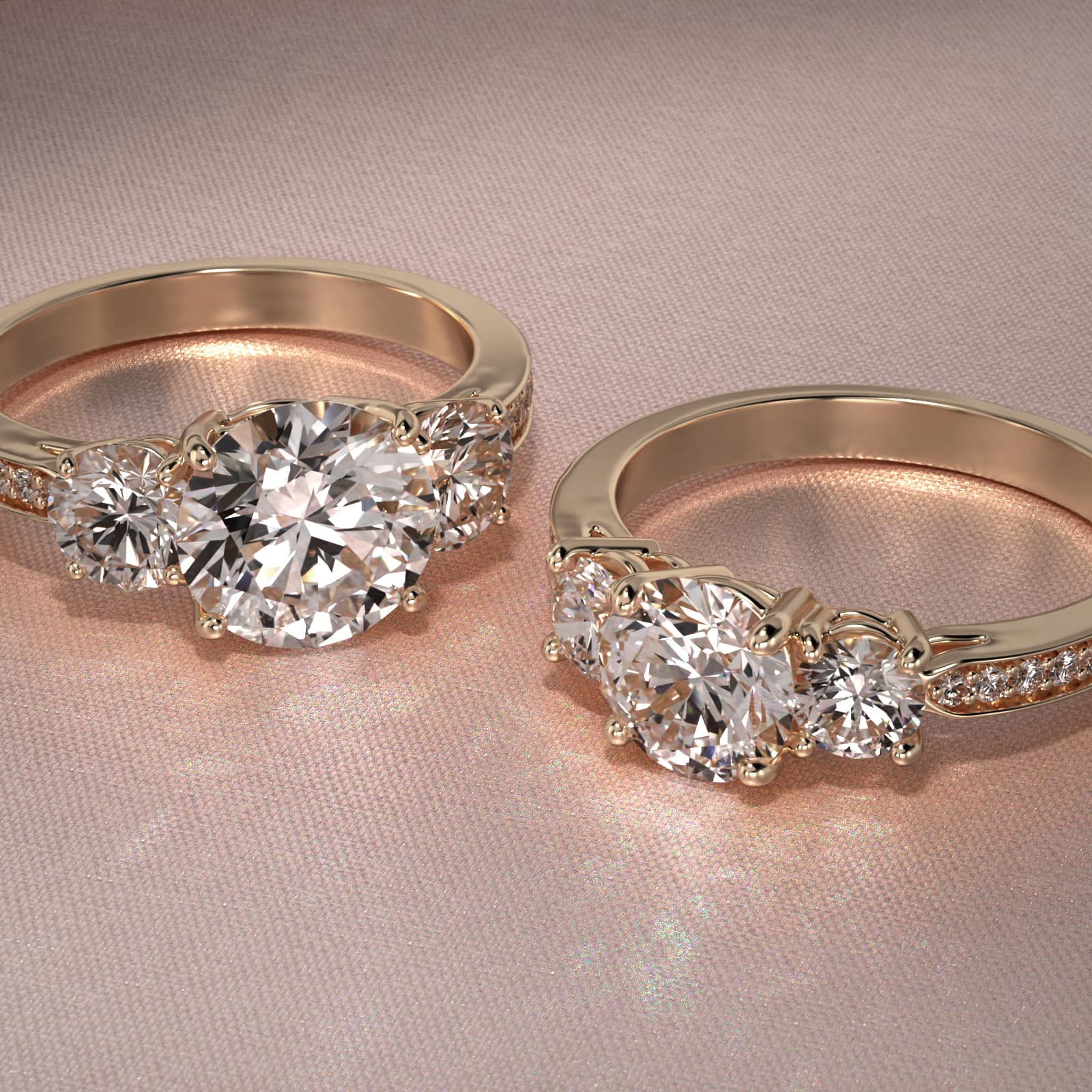 Round Diamond Three Stone Engagement Ring With Pavé Set Diamonds In 18K Yellow Gold