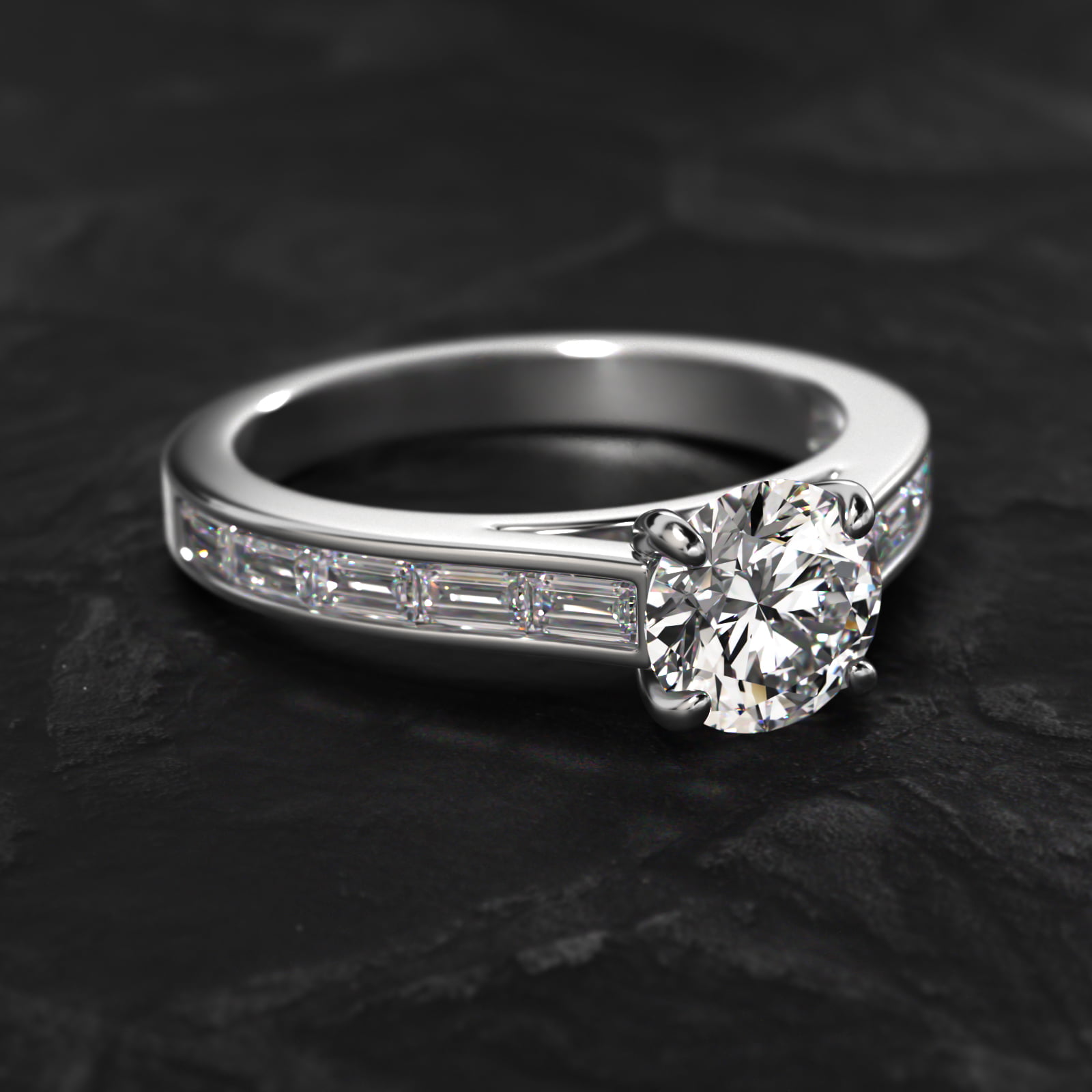 Engagement Ring With Channel Set Baguette Cut Diamonds In 14K White Gold