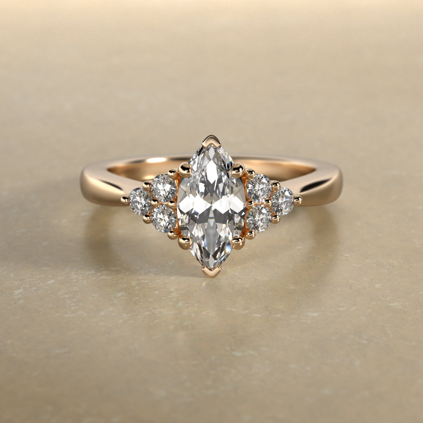 Triple Side Stone Diamond Engagement Ring In 14K Yellow Gold