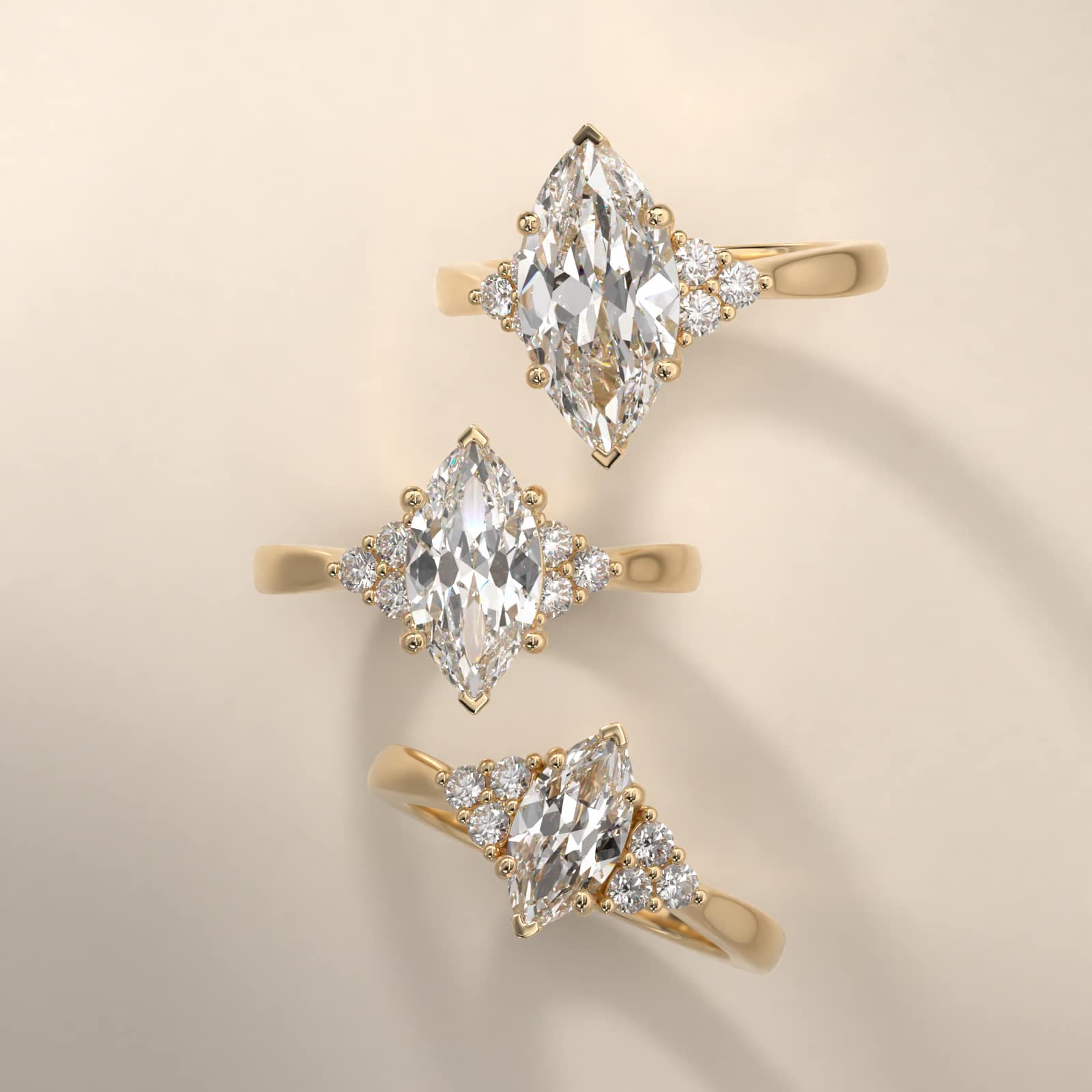 Triple Side Stone Diamond Engagement Ring In 14K Yellow Gold