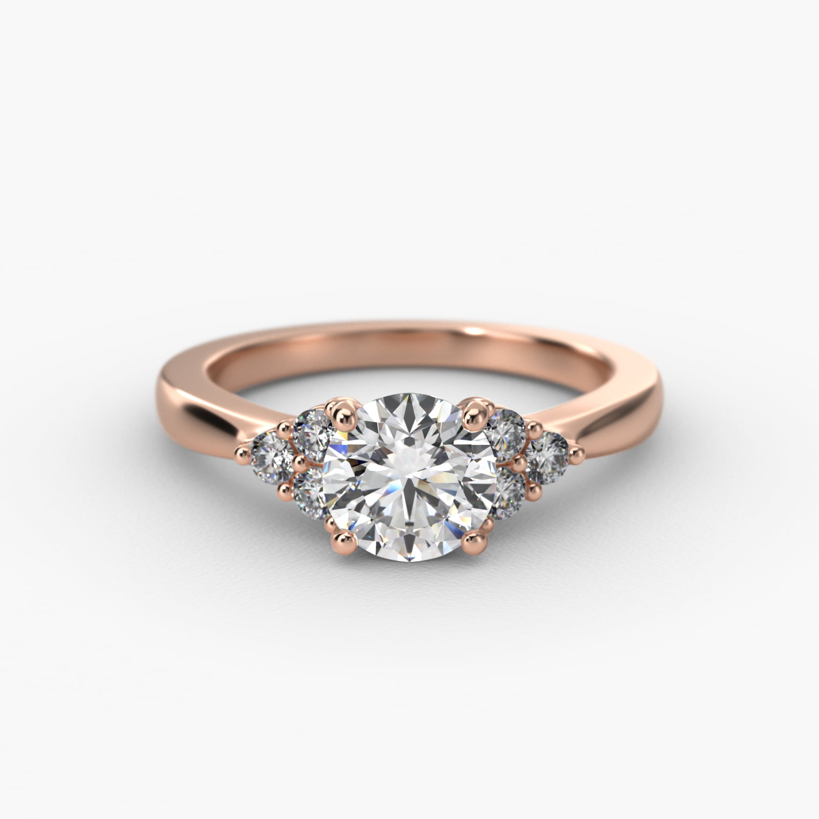 Triple Side Stone Diamond Engagement Ring In 14K Rose Gold