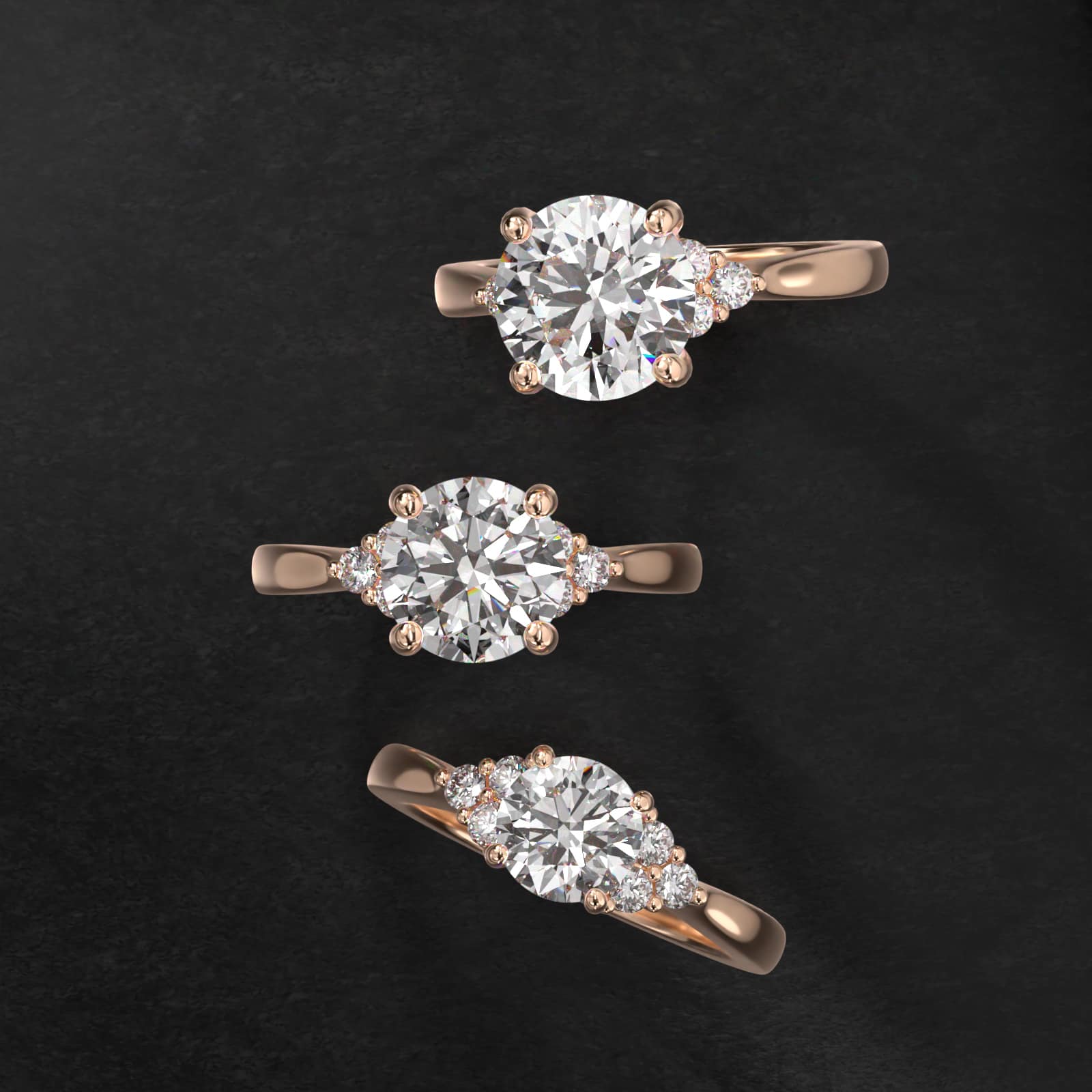 Triple Side Stone Diamond Engagement Ring In 14K Rose Gold