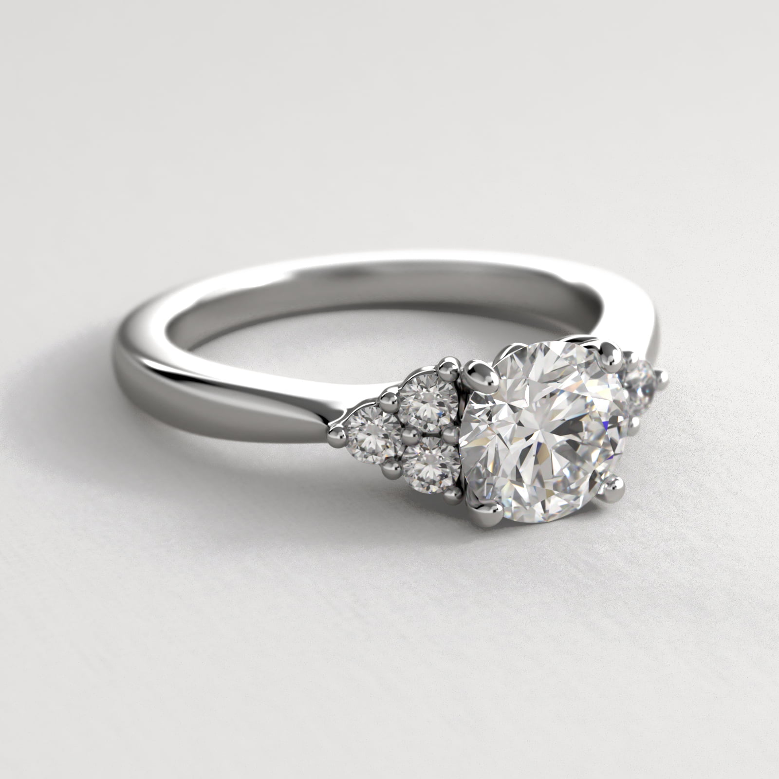 Triple Side Stone Diamond Engagement Ring In 14K White Gold