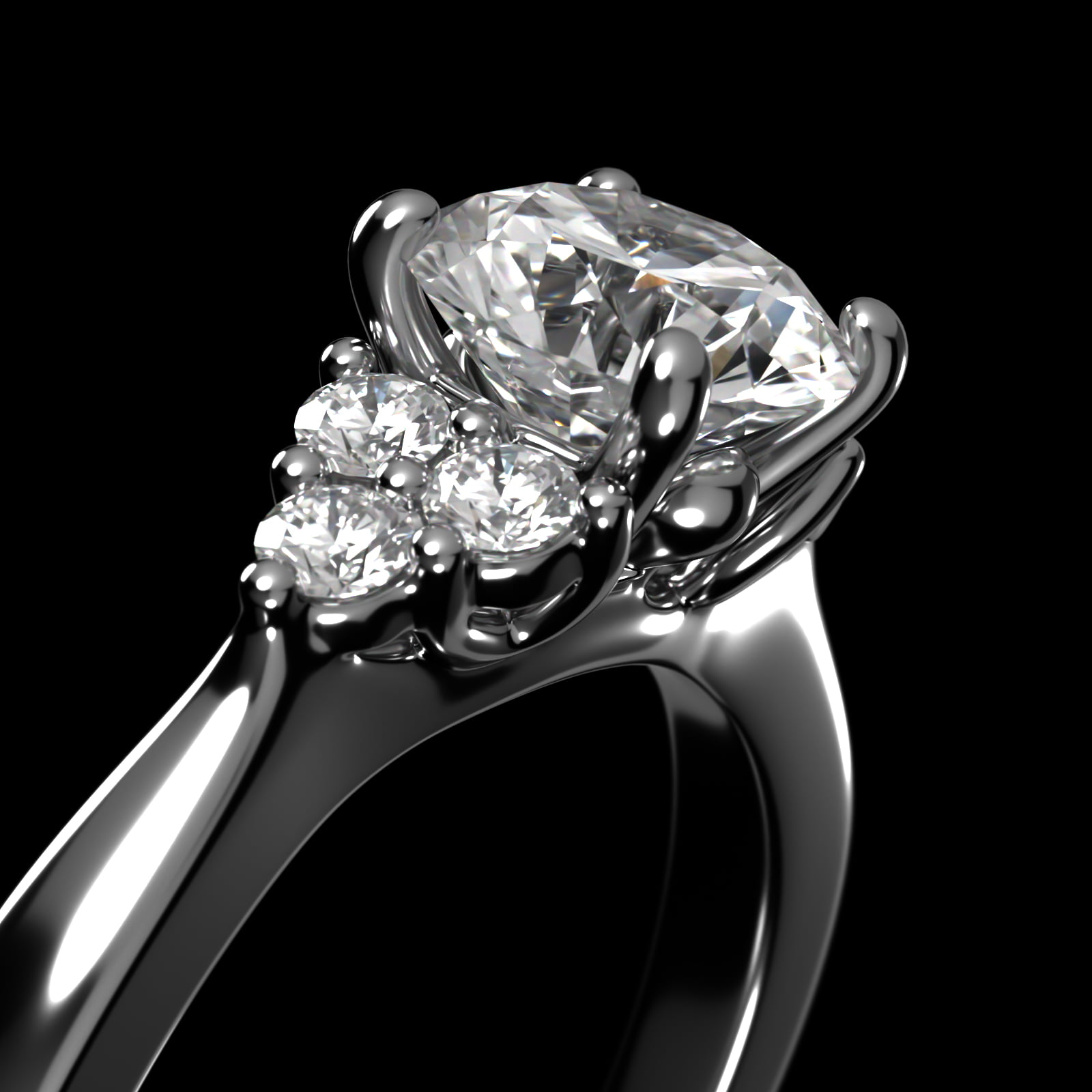 Triple Side Stone Diamond Engagement Ring In 18K White Gold