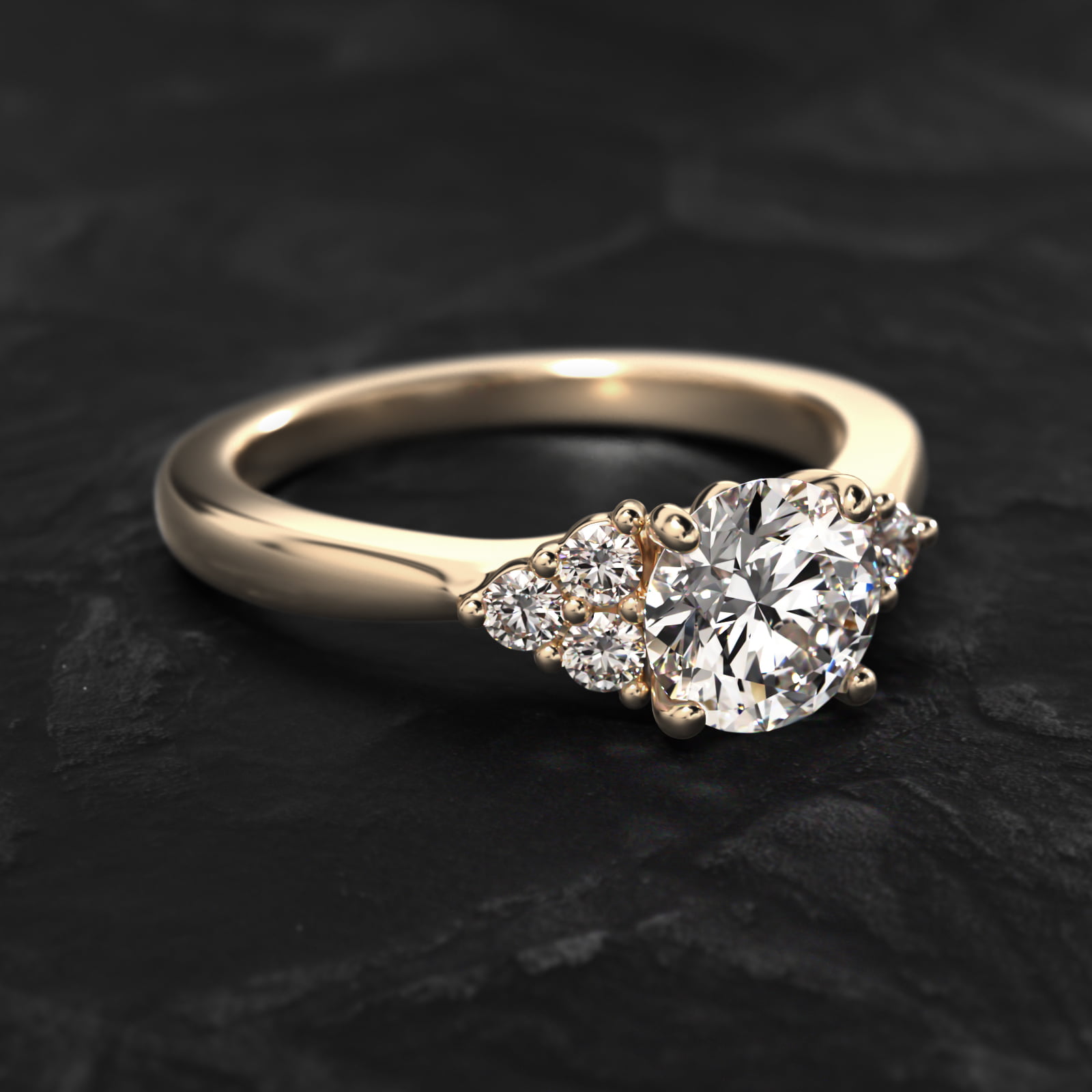 Triple Side Stone Diamond Engagement Ring In 18K Yellow Gold