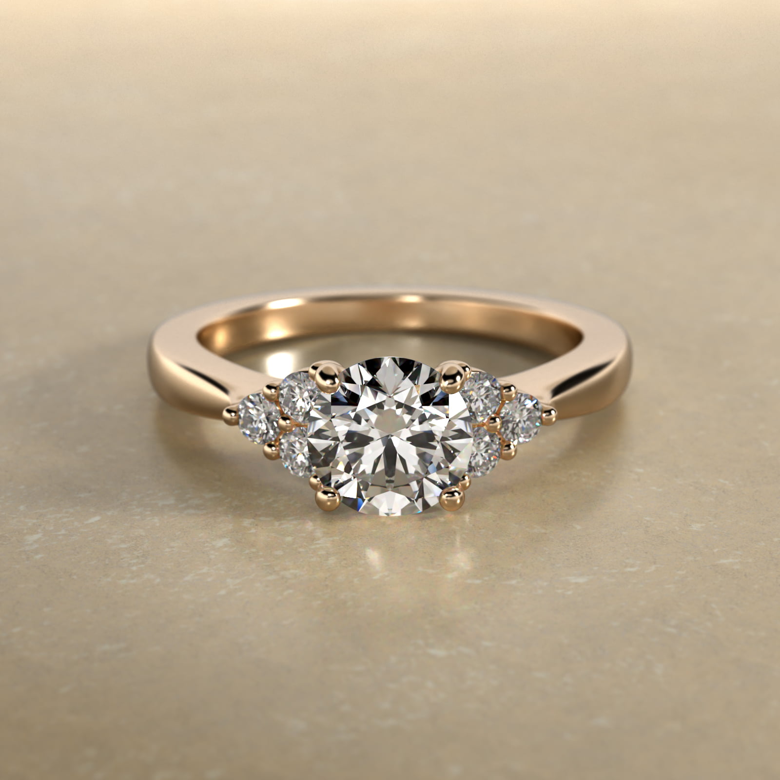 Triple Side Stone Diamond Engagement Ring In 14K Yellow Gold