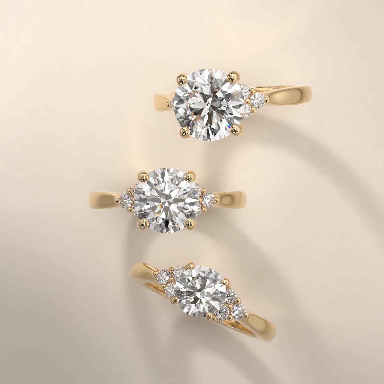 Triple Side Stone Diamond Engagement Ring In 14K Yellow Gold