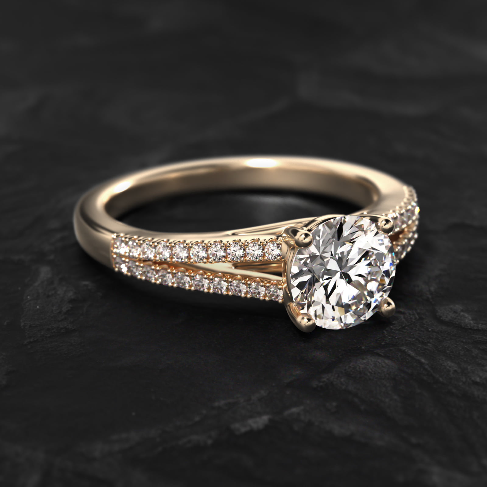 Cross Over Trellis Pavé Diamond Split Shank Engagement Ring In 18K Yellow Gold
