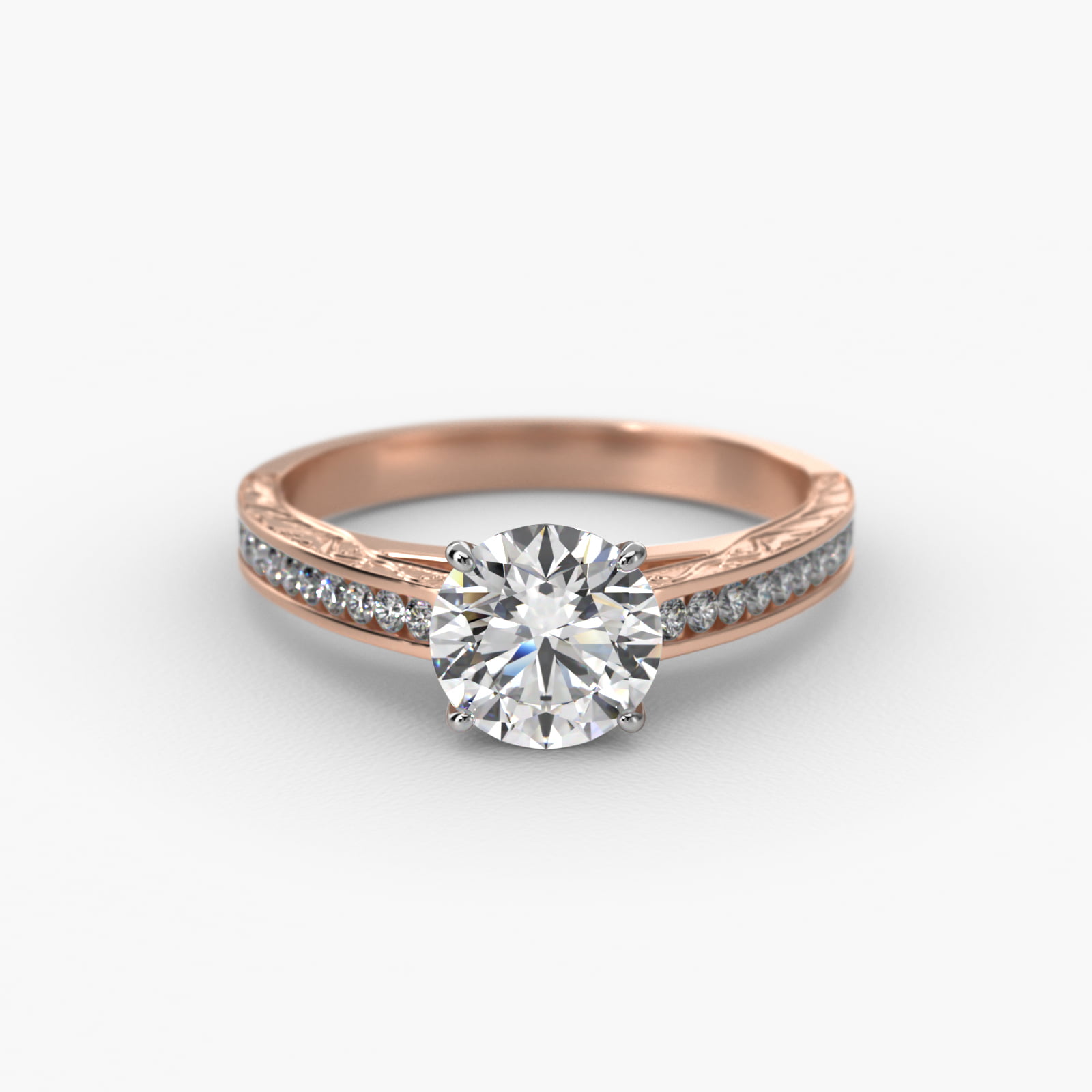 Engraved Engagement Ring With Channel Set Round Diamonds In 14K Rose Gold