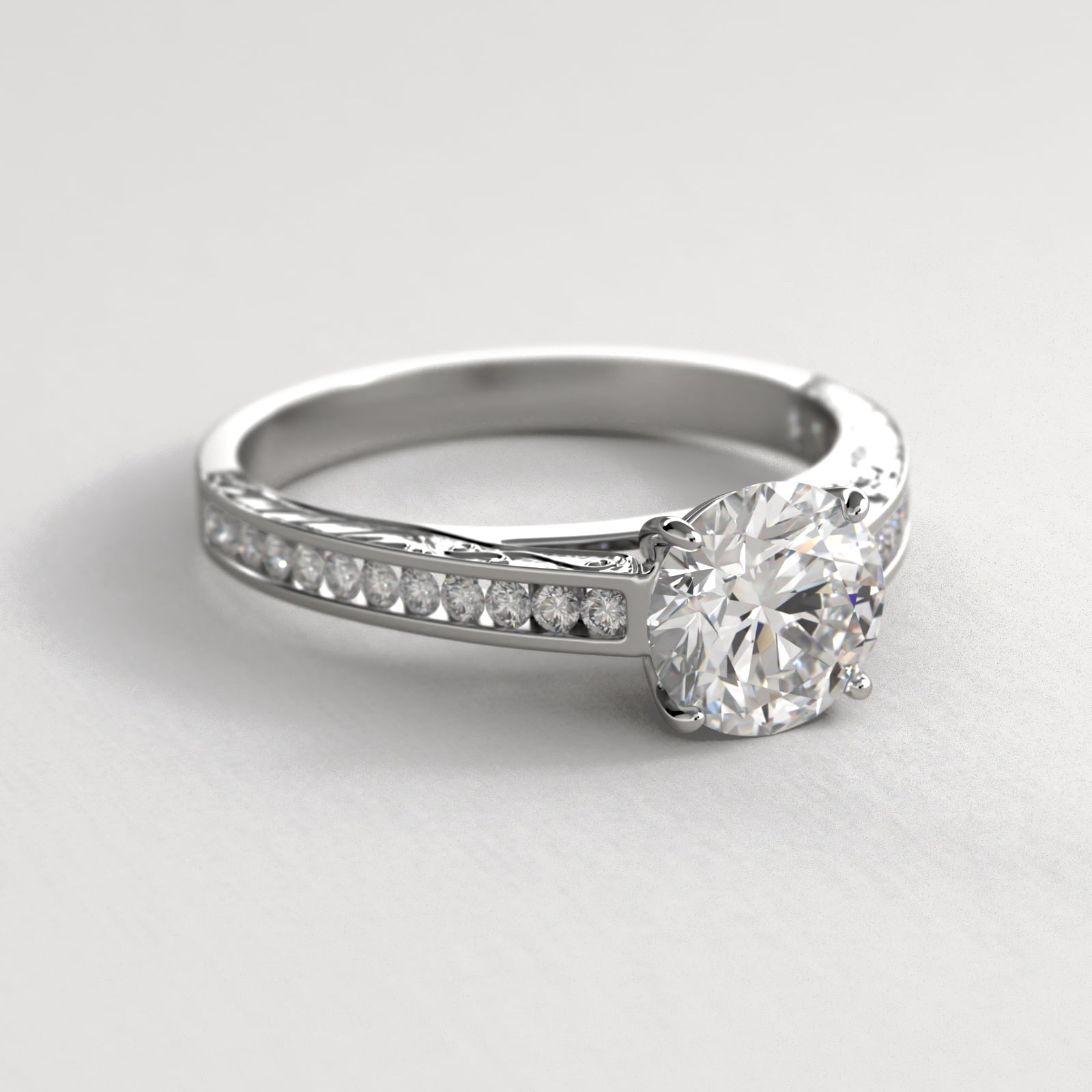 Engraved Engagement Ring With Channel Set Round Diamonds In 14K White Gold