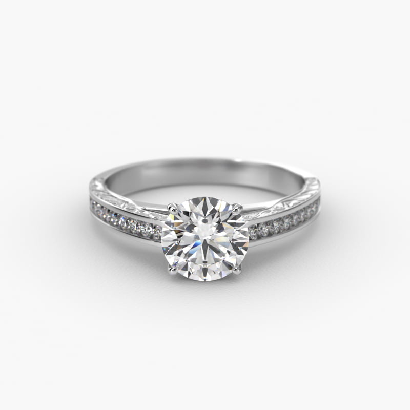 Engraved Engagement Ring With Channel Set Round Diamonds In Platinum