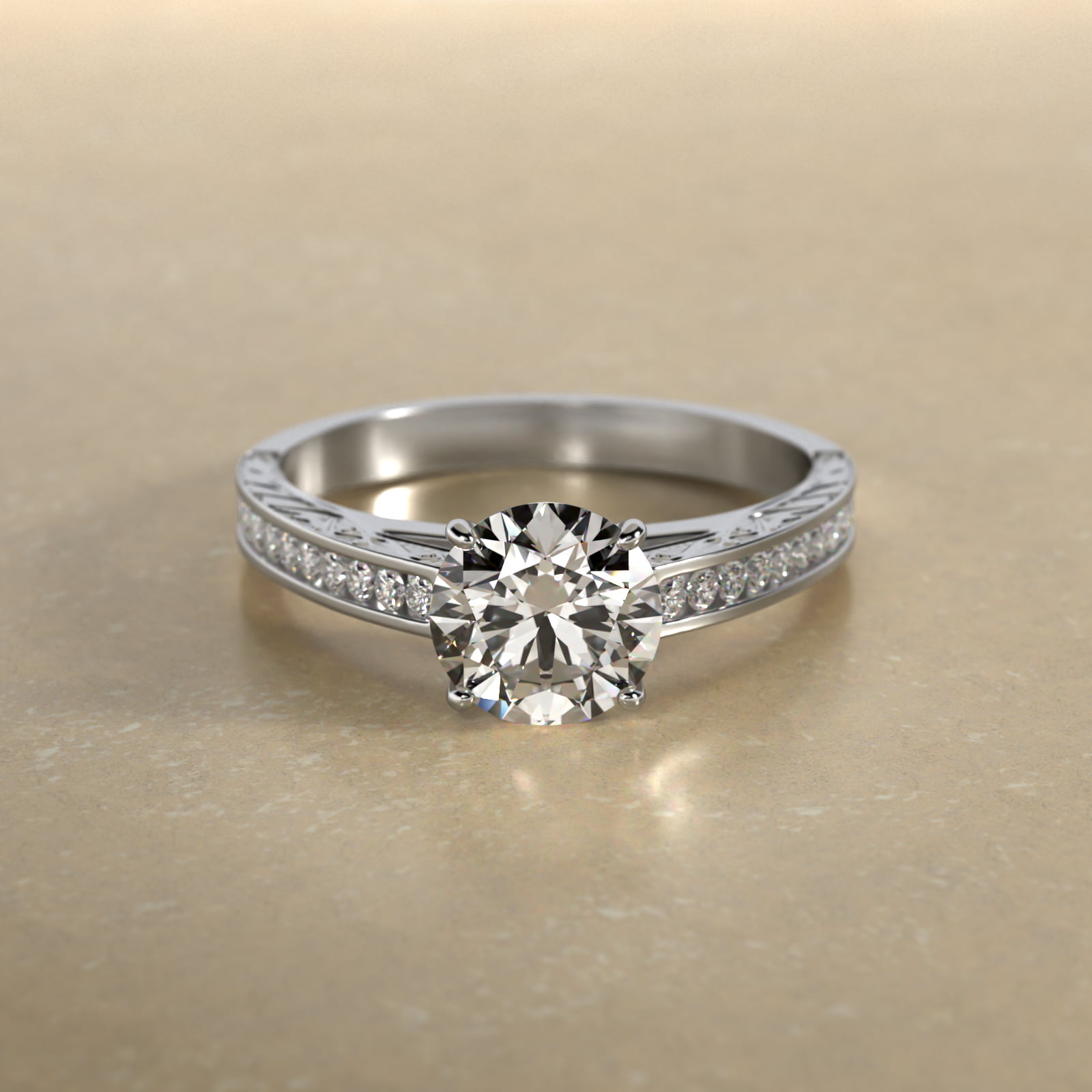 Engraved Engagement Ring With Channel Set Round Diamonds In 18K White Gold