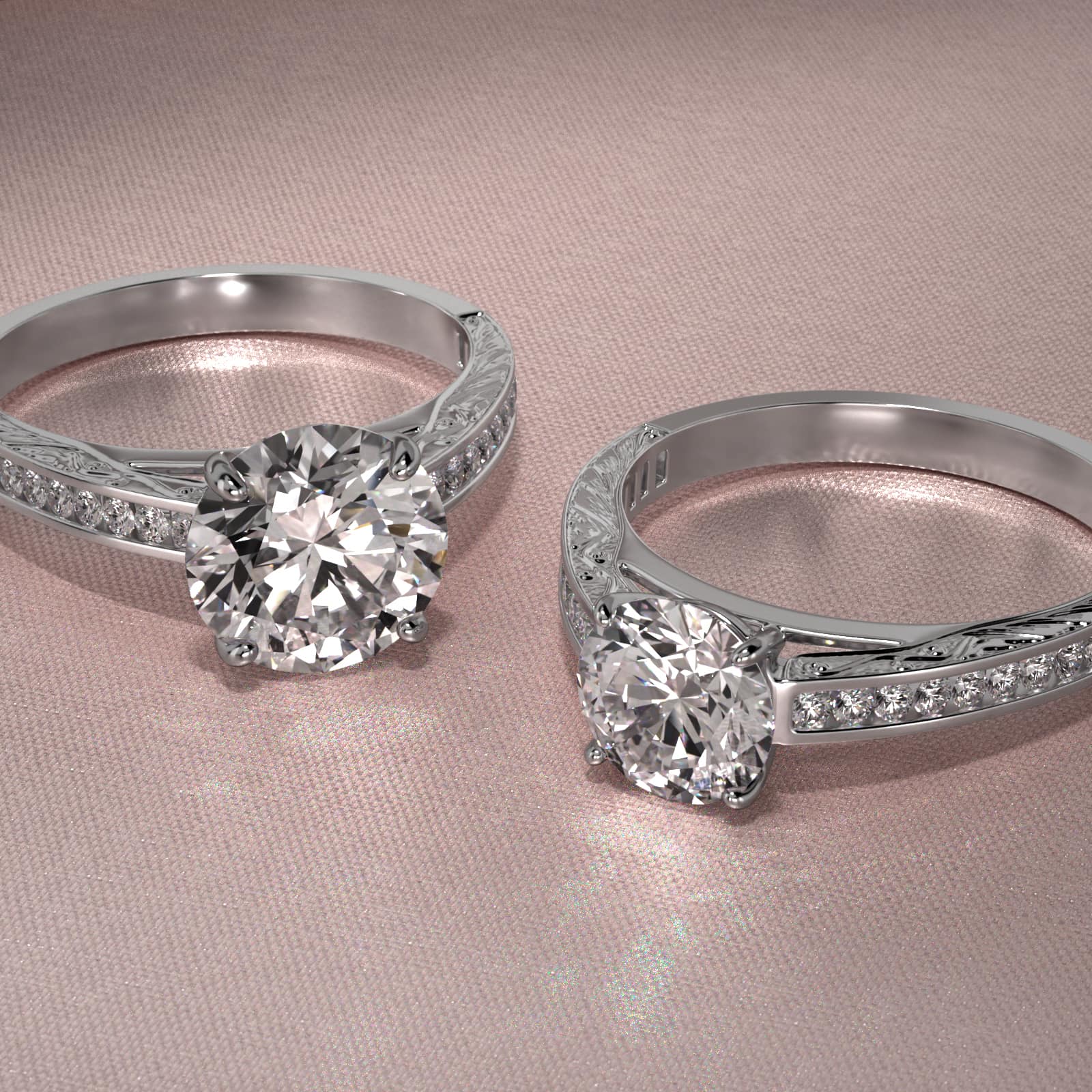 Engraved Engagement Ring With Channel Set Round Diamonds In 18K White Gold